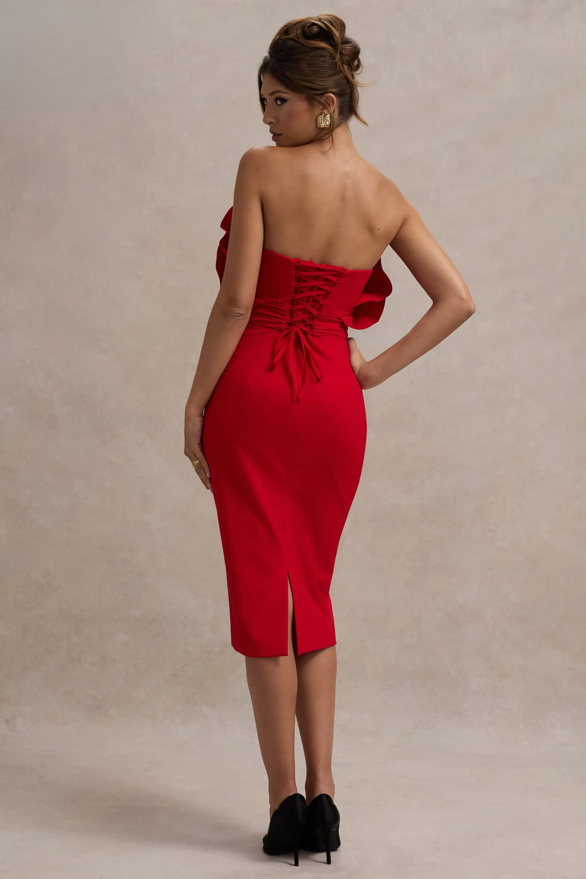 Oria | Red Ruffled Strapless Midi Dress Club L London