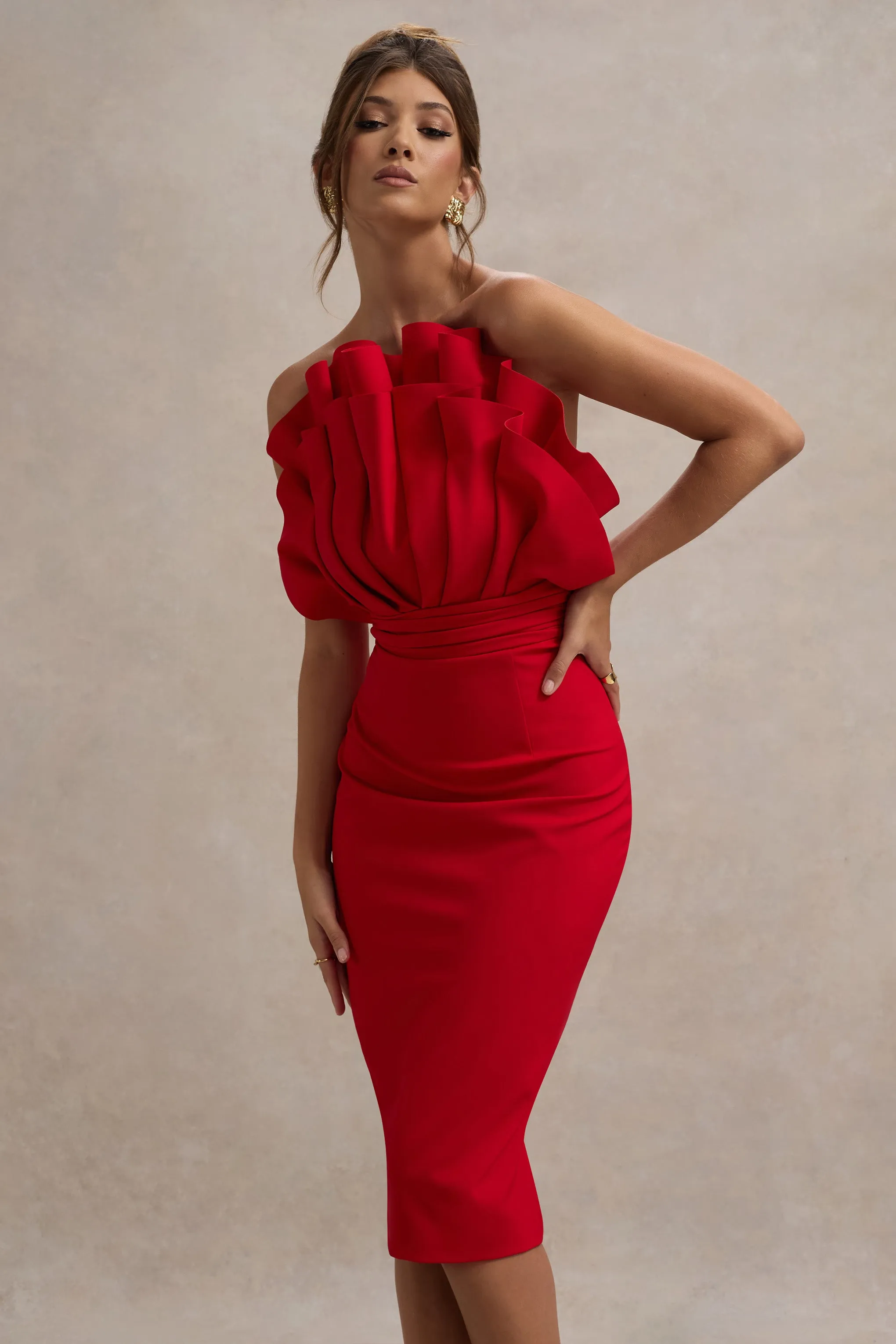 Oria | Red Ruffled Strapless Midi Dress Club L London