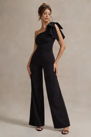 Orilla | Black One-Shoulder Wide-Leg Jumpsuit With Bow Club L London