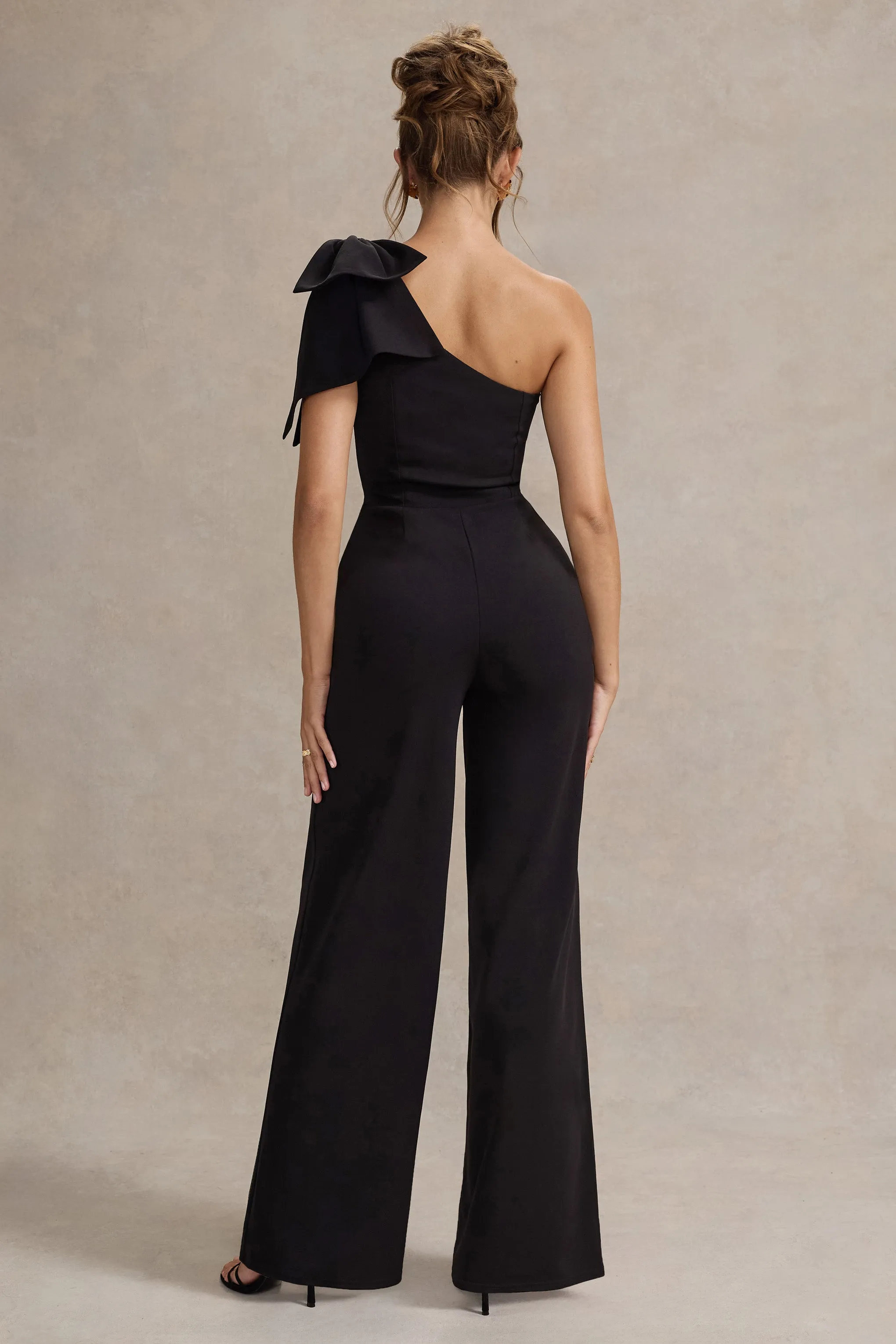 Orilla | Black One-Shoulder Wide-Leg Jumpsuit With Bow Club L London