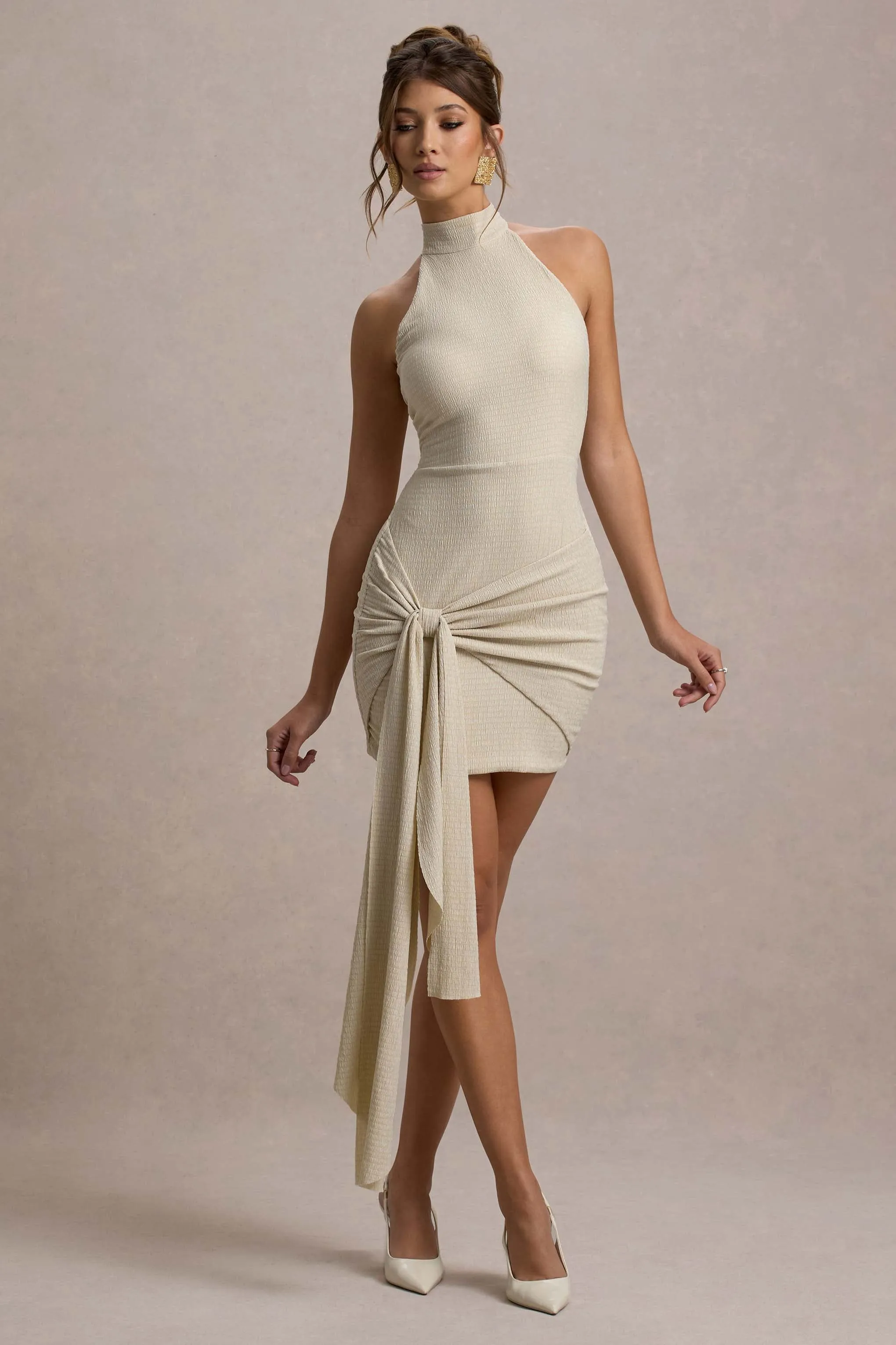 Orinthia | Champagne High-Neck Mini Dress With Wrap Detail Club L London