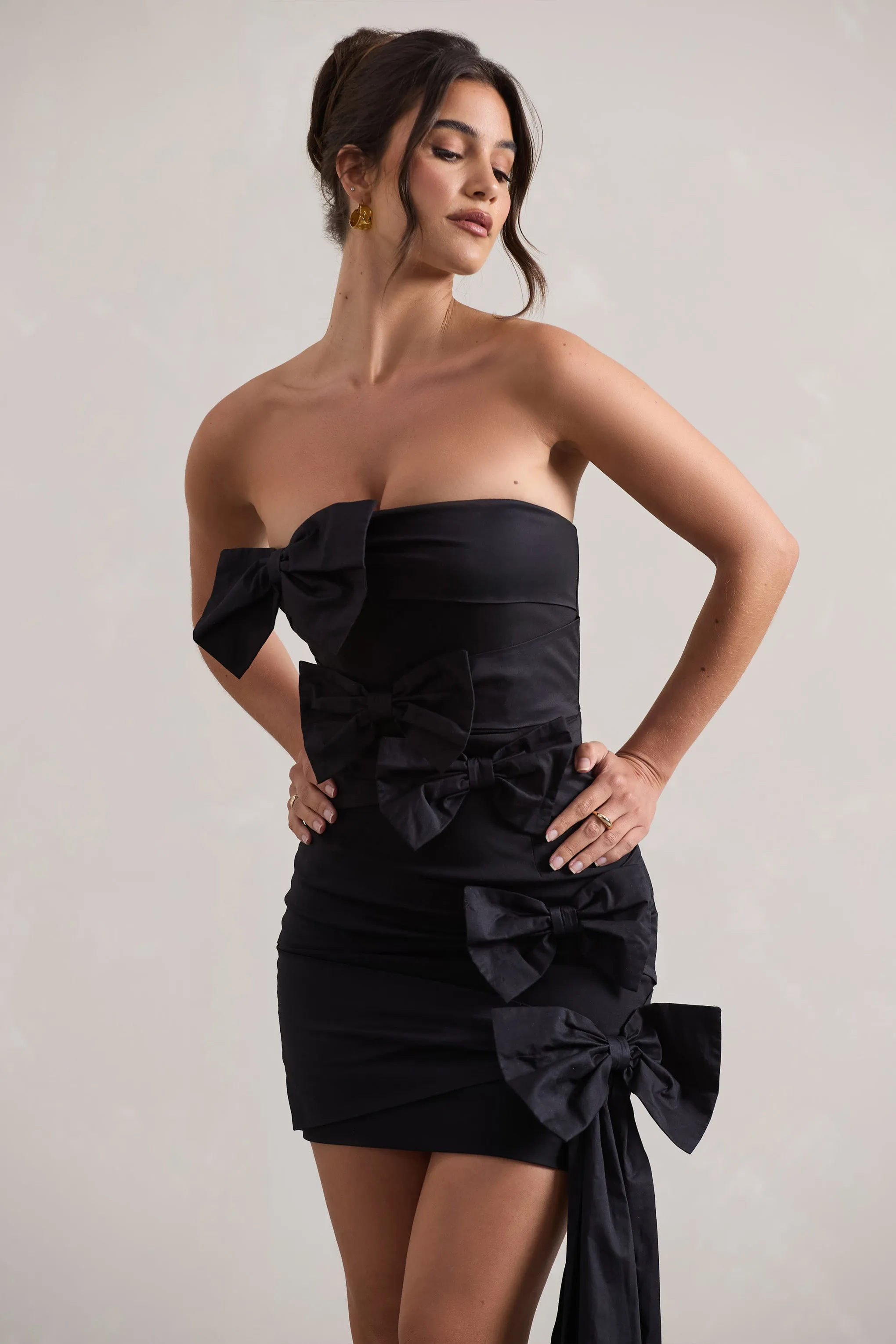 Ornament | Black Bandeau Bow-Embellished Mini Dress With Drape Club L London