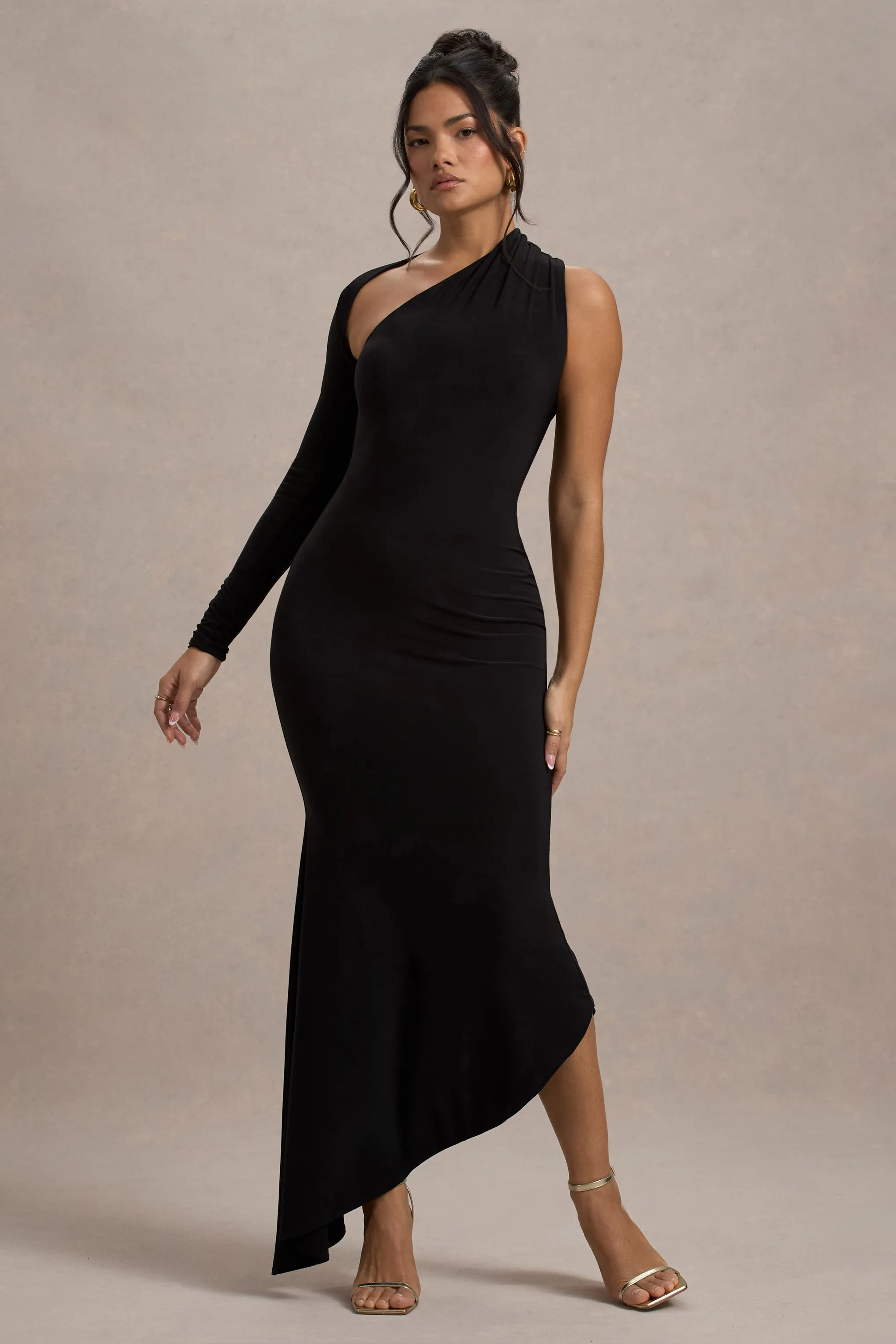 Orsa | Black One-Shoulder Asymmetric Maxi Dress Club L London