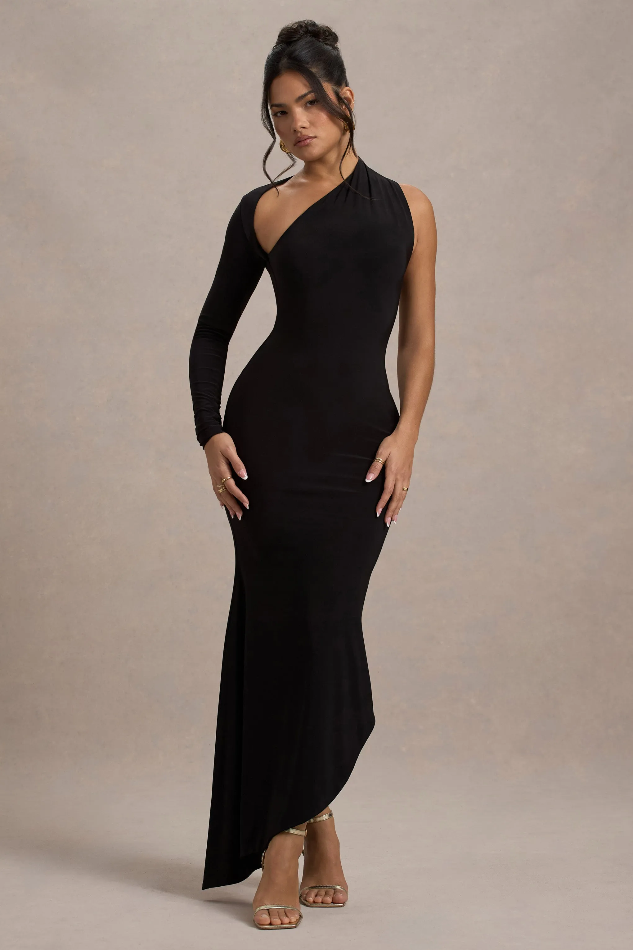 Orsa | Black One-Shoulder Asymmetric Maxi Dress Club L London
