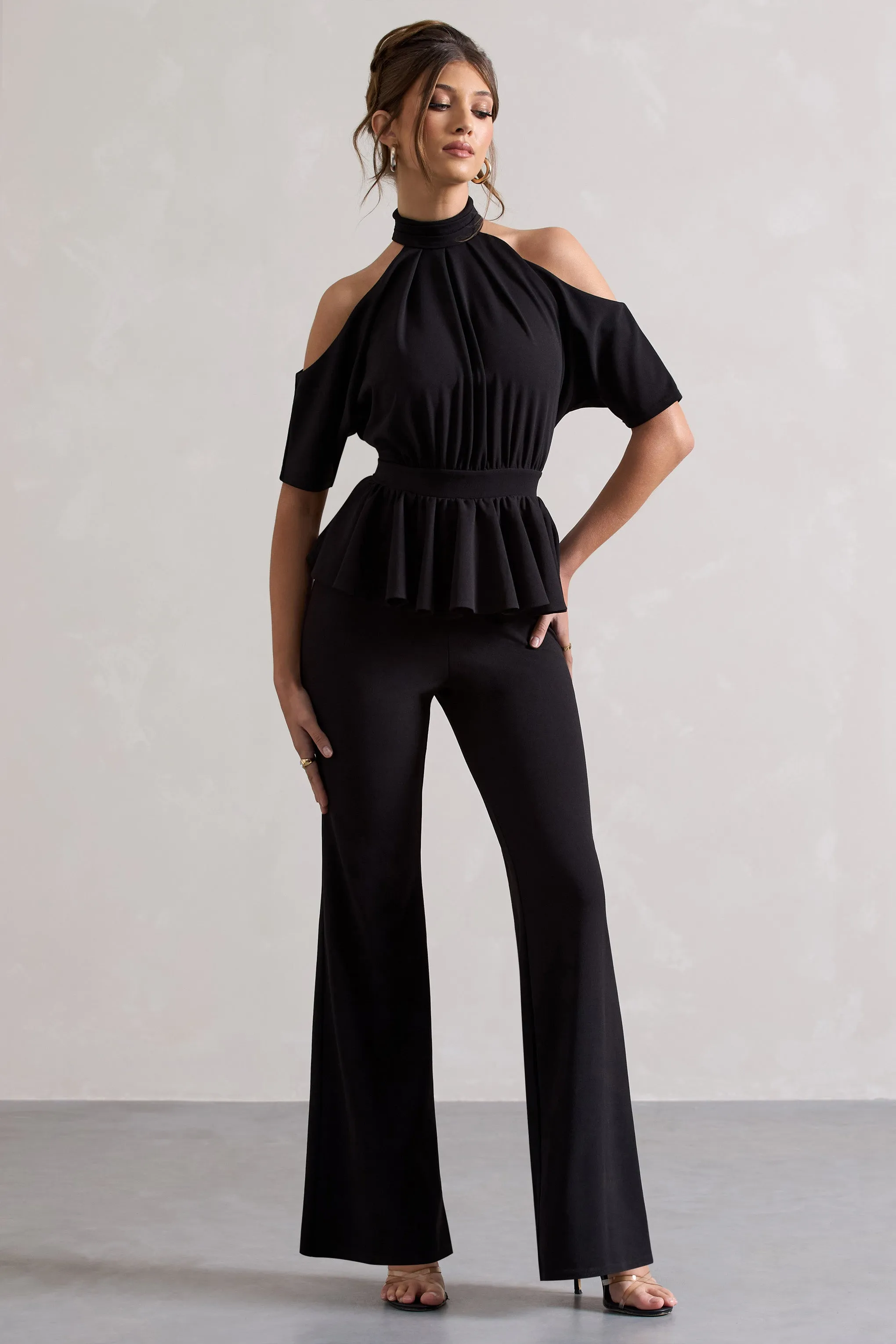Osbourne | Black High-Neck Cut-Out Jumpsuit With Peplum Waist Club L London
