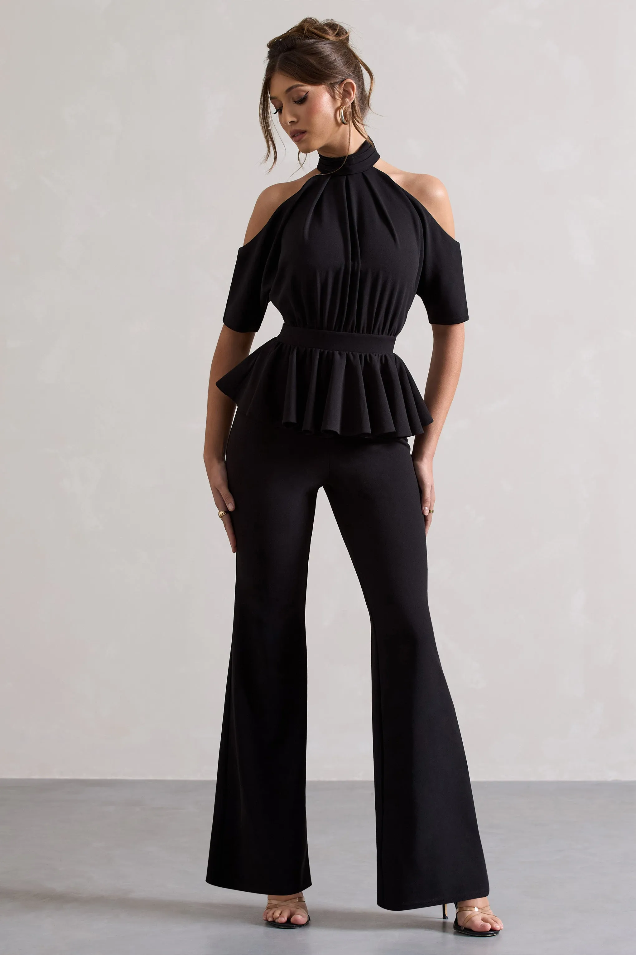 Osbourne | Black High-Neck Cut-Out Jumpsuit With Peplum Waist Club L London