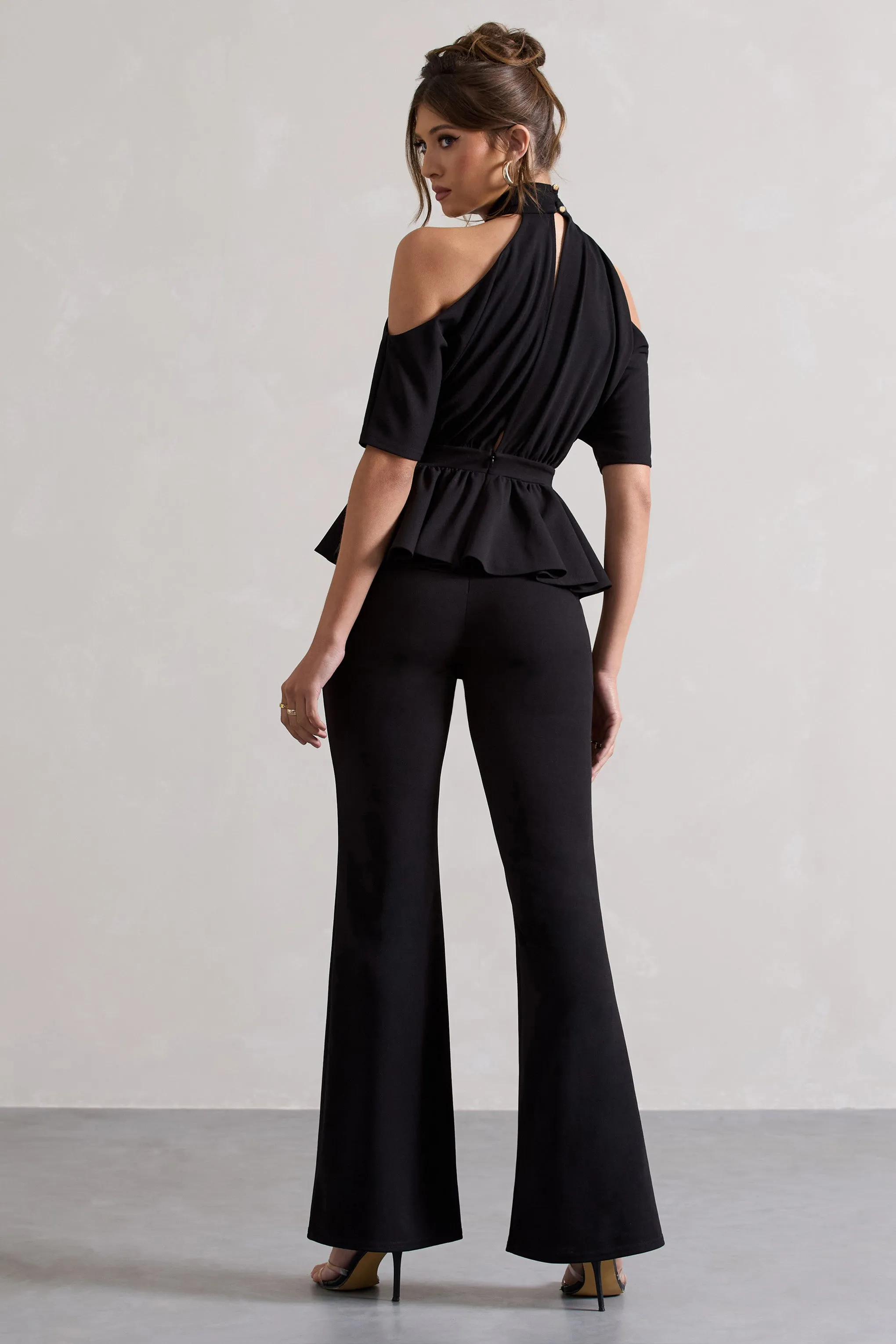 Osbourne | Black High-Neck Cut-Out Jumpsuit With Peplum Waist Club L London