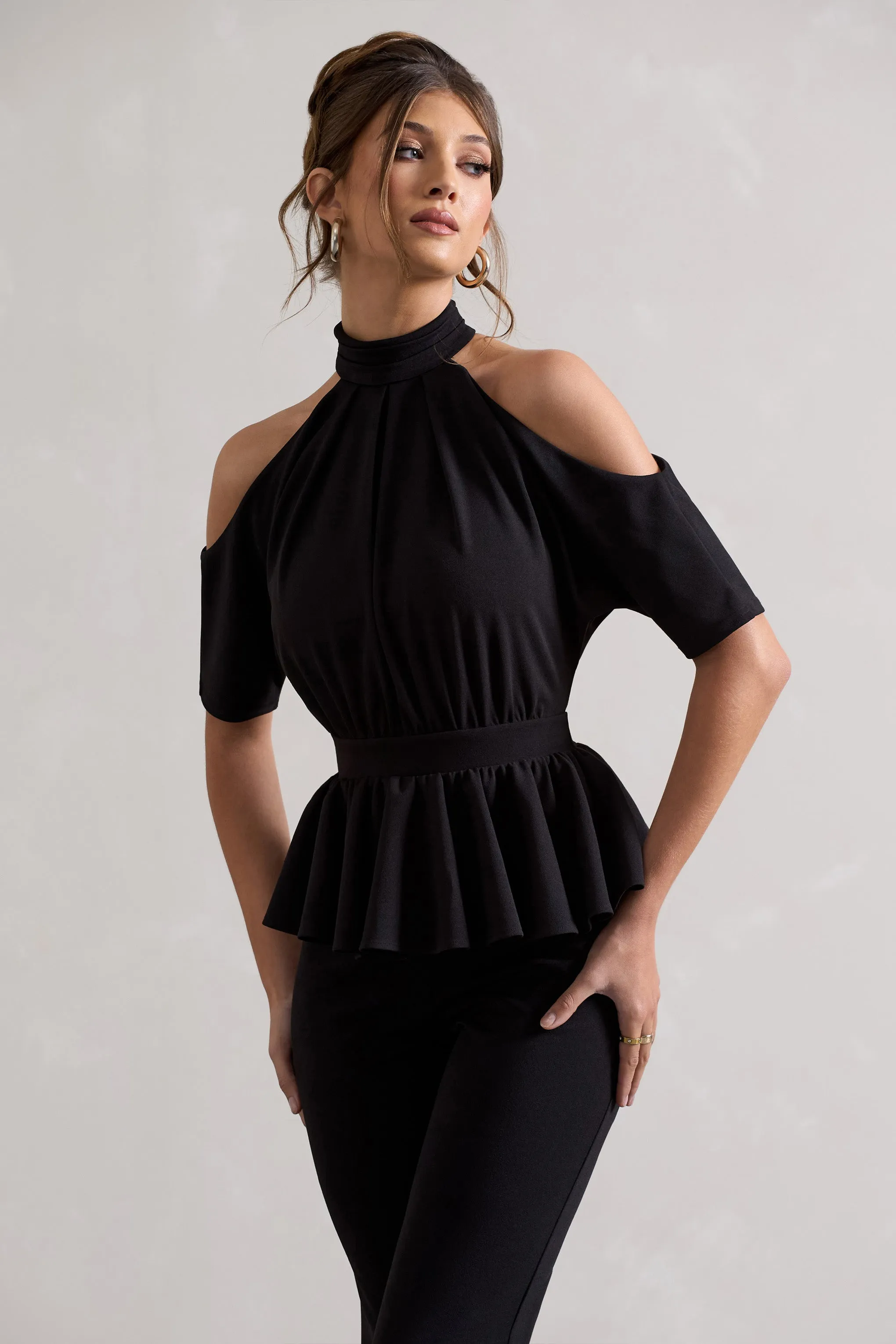 Osbourne | Black High-Neck Cut-Out Jumpsuit With Peplum Waist Club L London