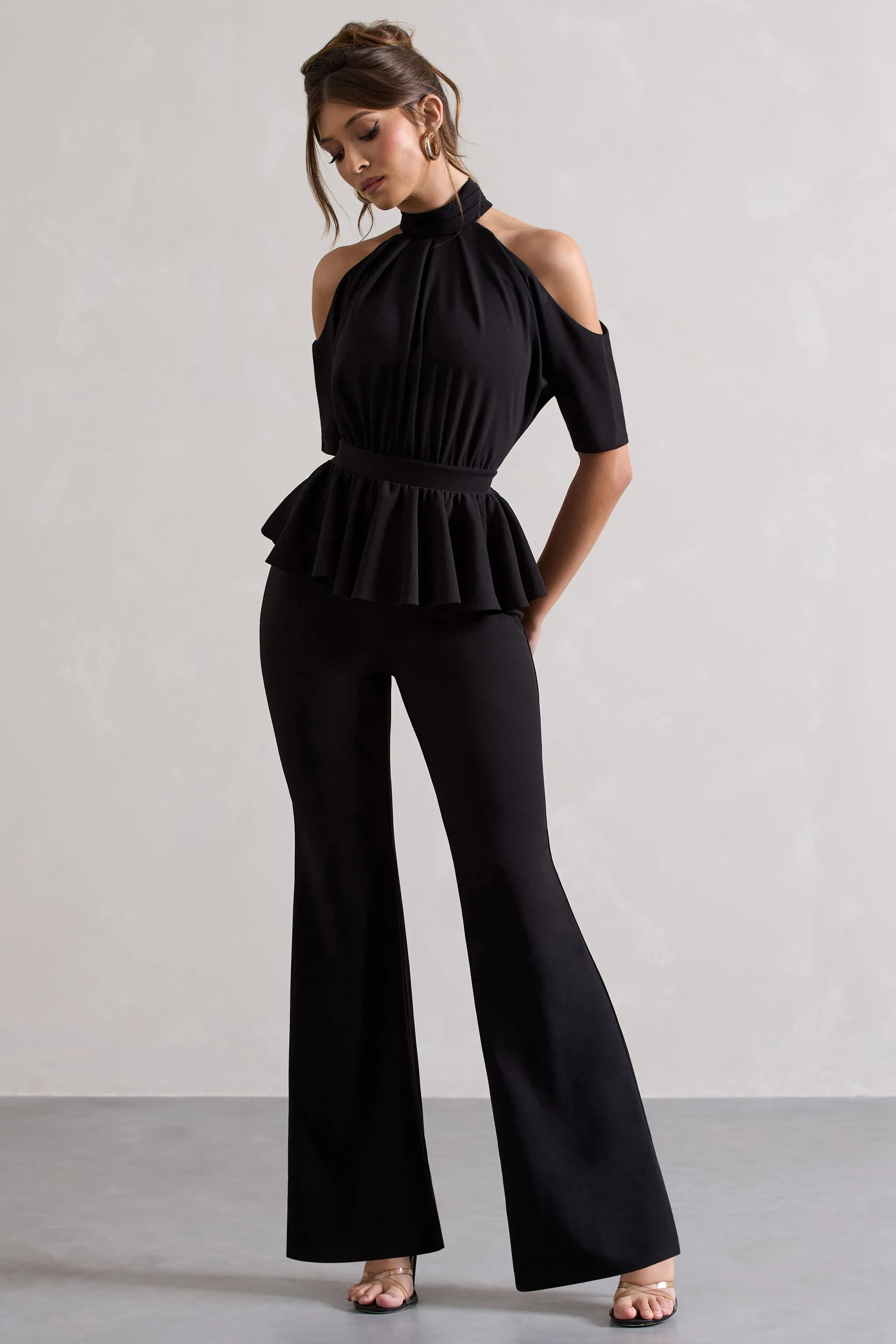 Osbourne | Black High-Neck Cut-Out Jumpsuit With Peplum Waist Club L London