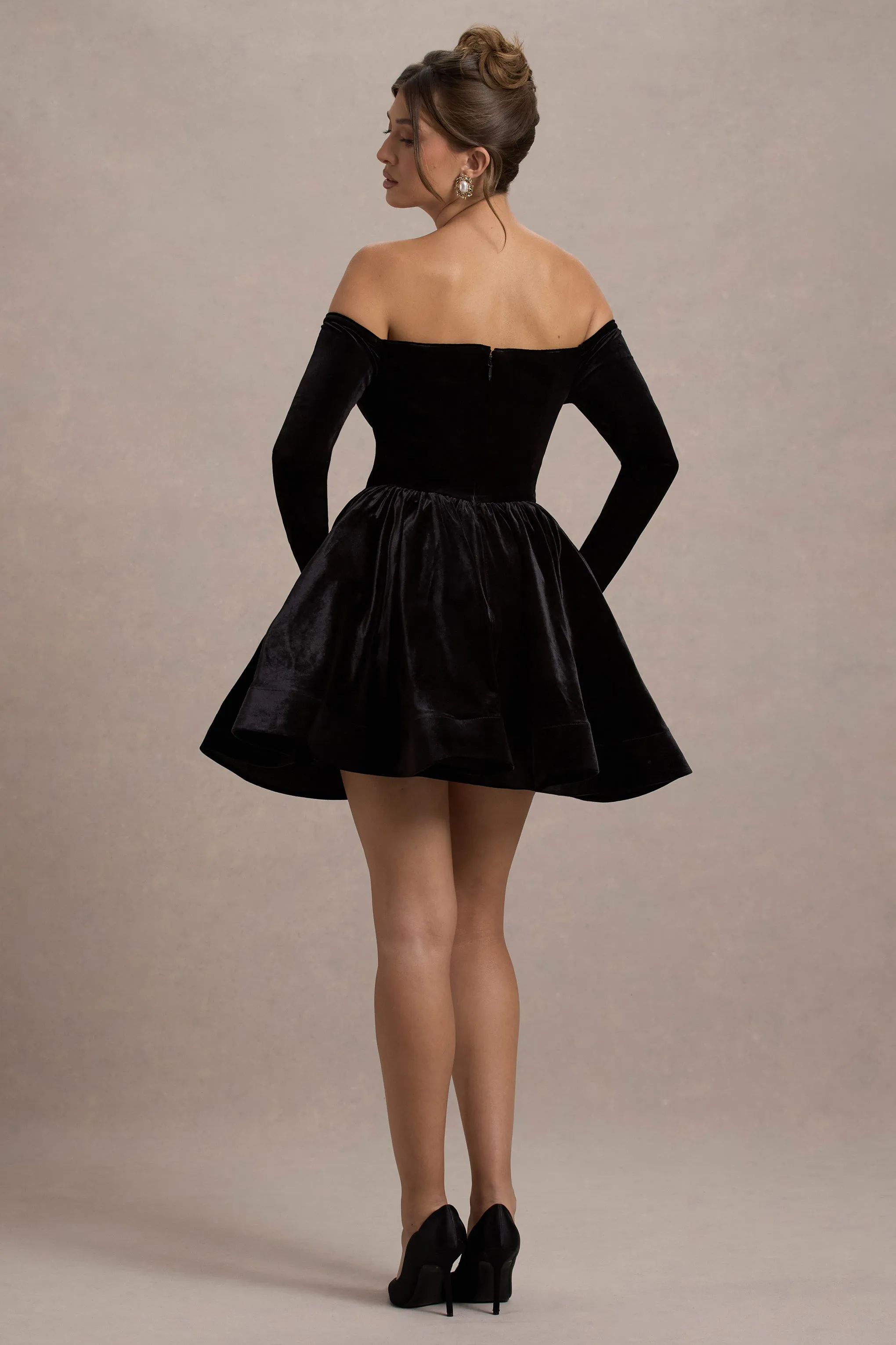 Ottie | Black Velvet Bardot Skater Mini Dress Club L London