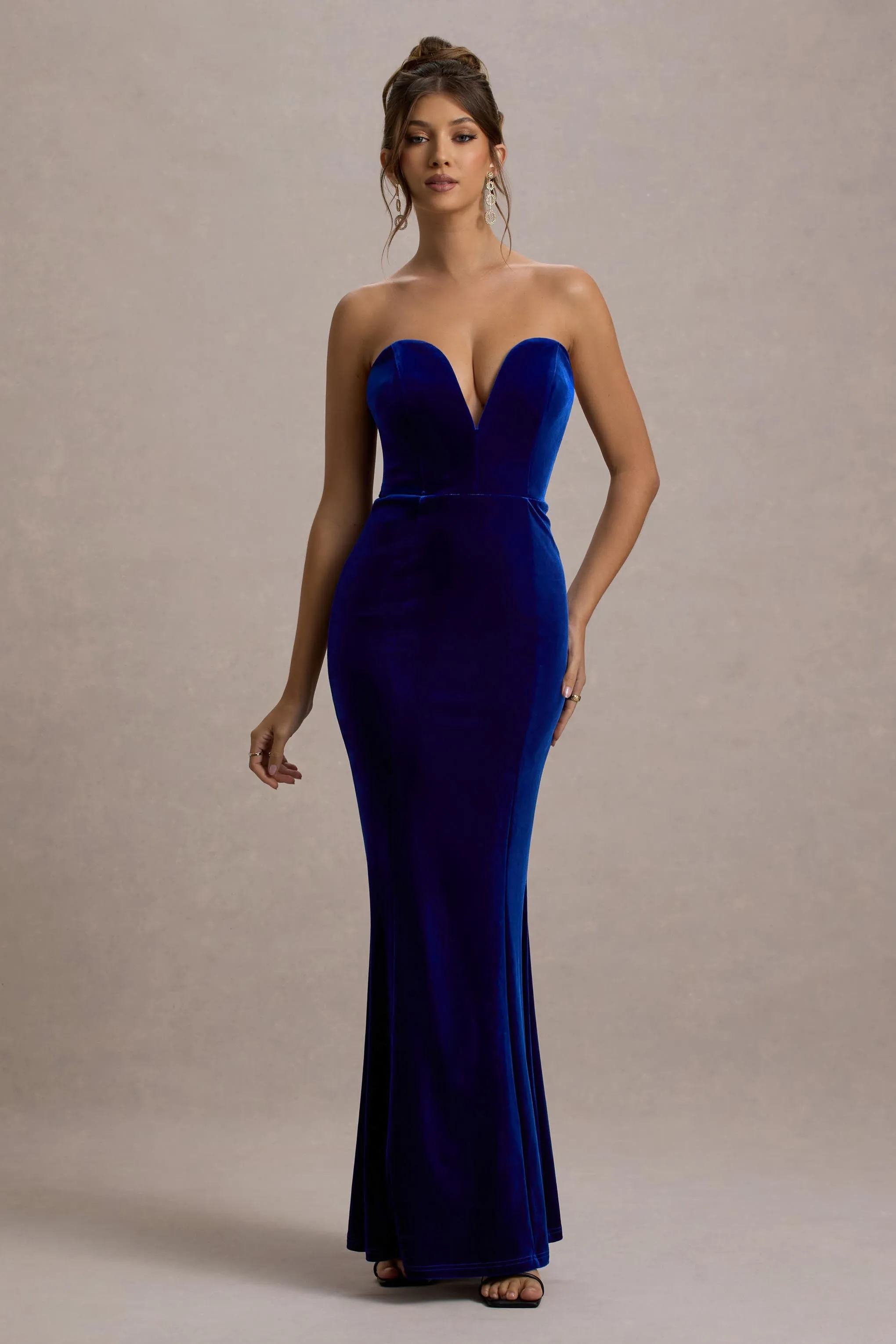 Pacifica | Cobalt Velvet Plunge-Neck Strapless Maxi Dress Club L London
