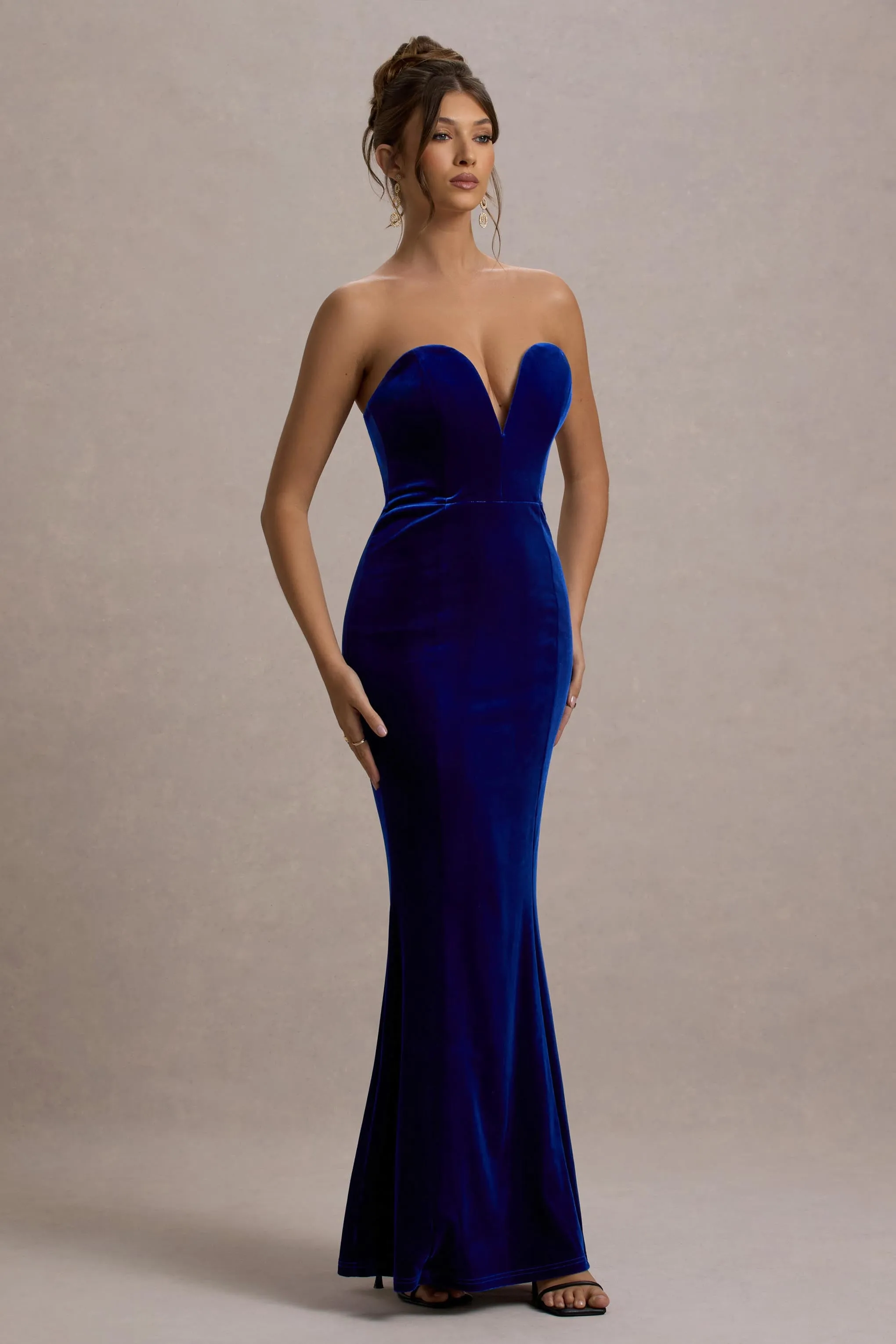 Pacifica | Cobalt Velvet Plunge-Neck Strapless Maxi Dress Club L London