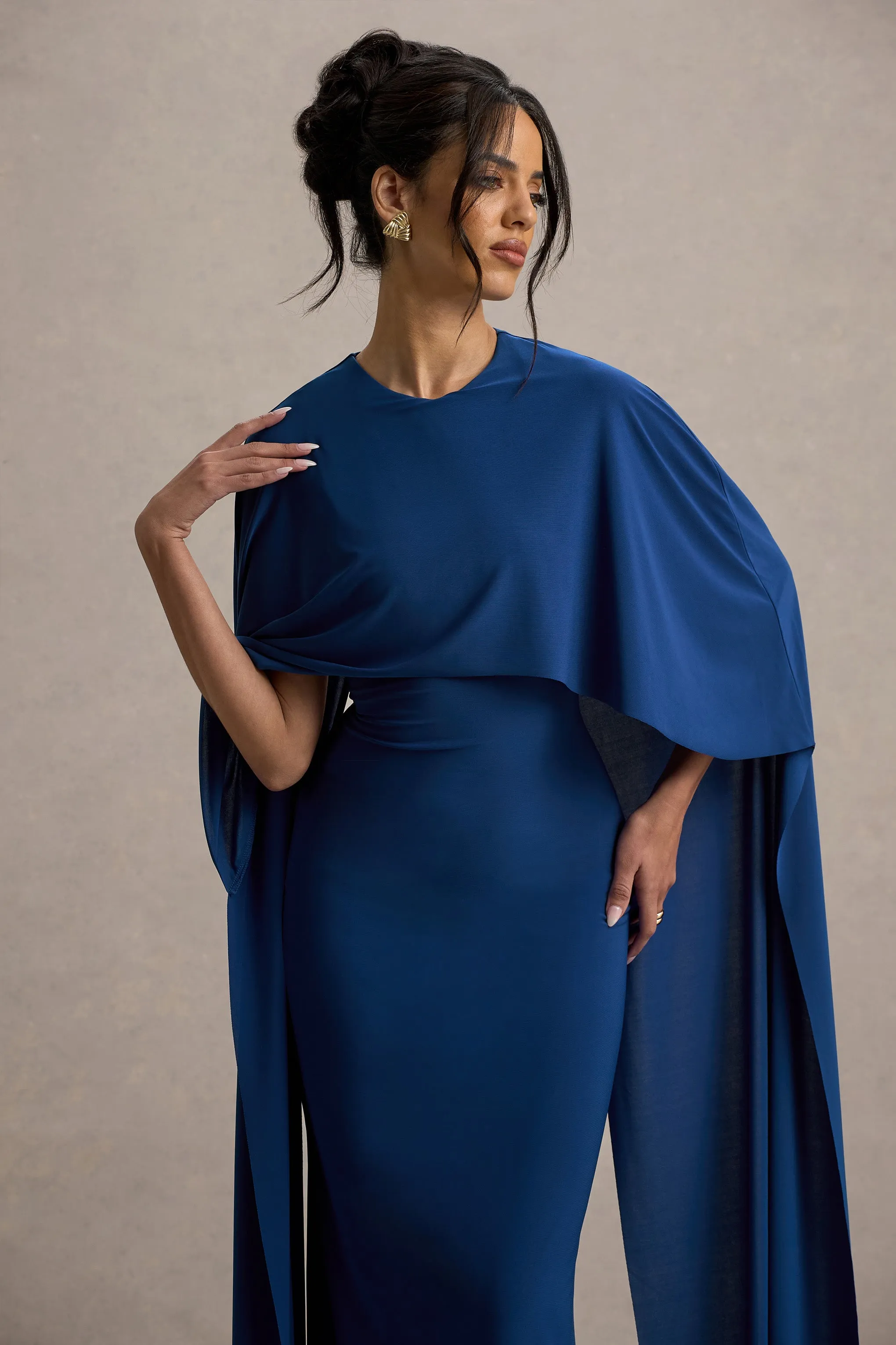 Padma | Blue Draped Maxi Dress With Cape Sleeves Club L London
