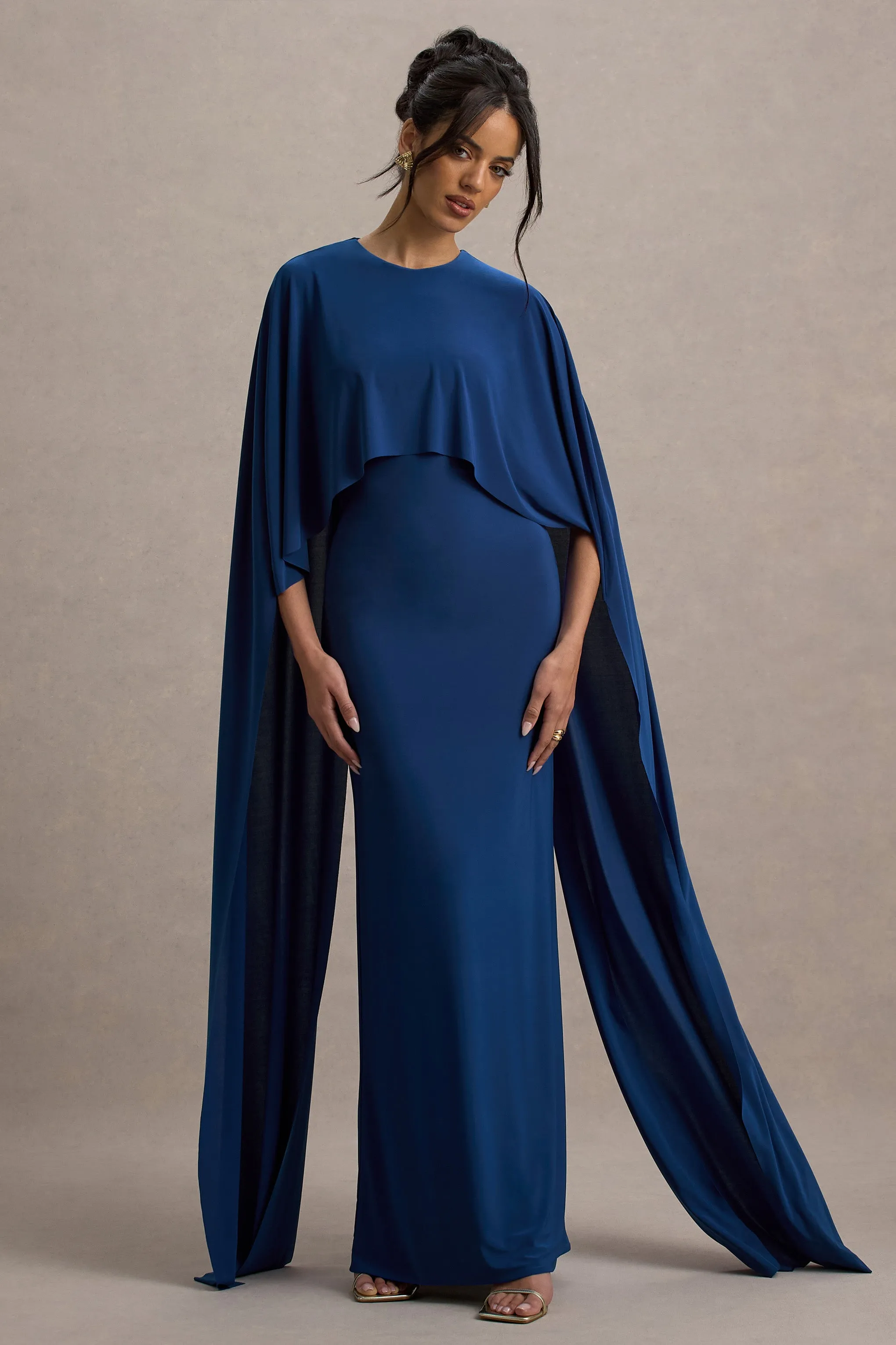 Padma | Blue Draped Maxi Dress With Cape Sleeves Club L London
