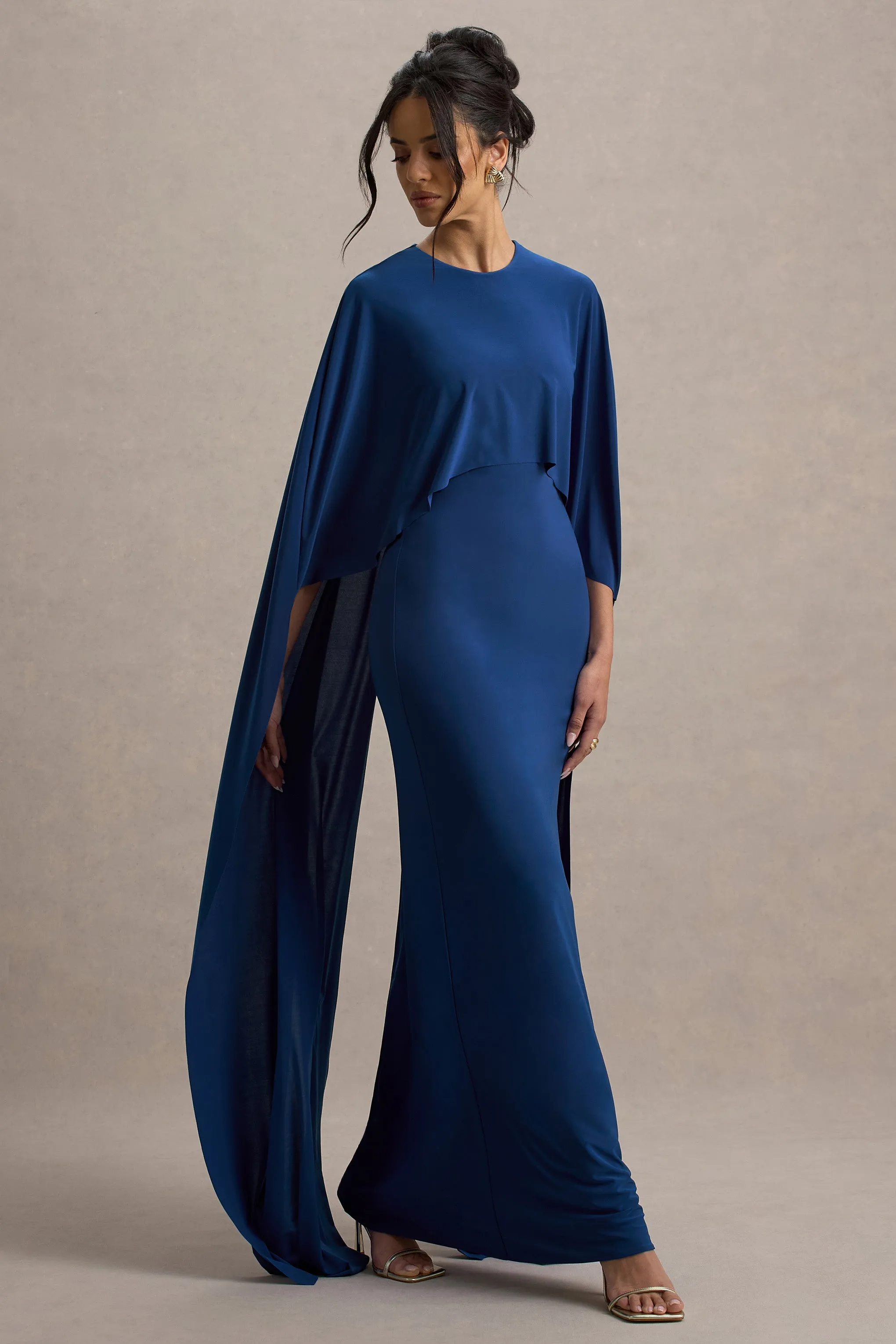 Padma | Blue Draped Maxi Dress With Cape Sleeves Club L London