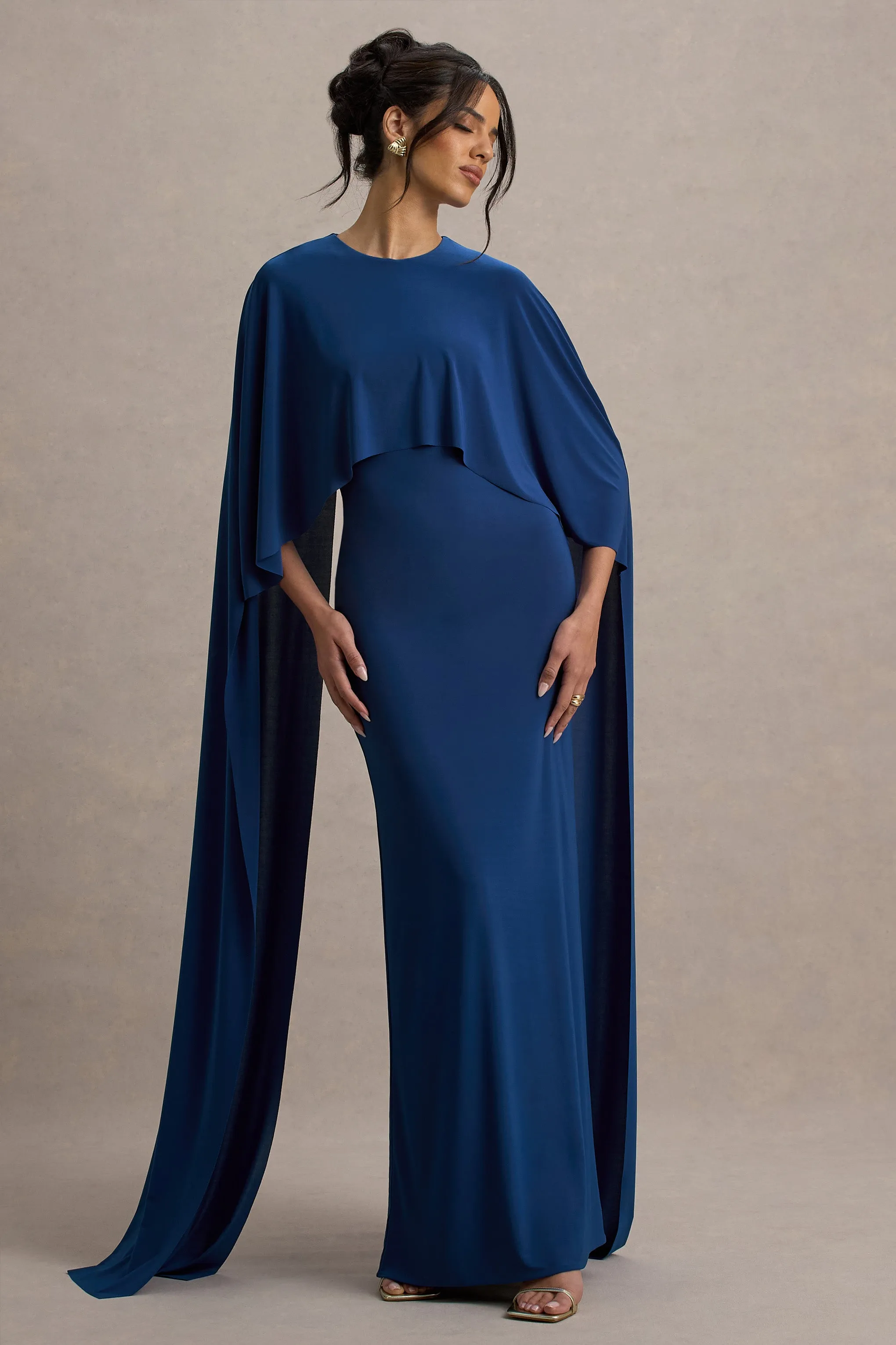 Padma | Blue Draped Maxi Dress With Cape Sleeves Club L London