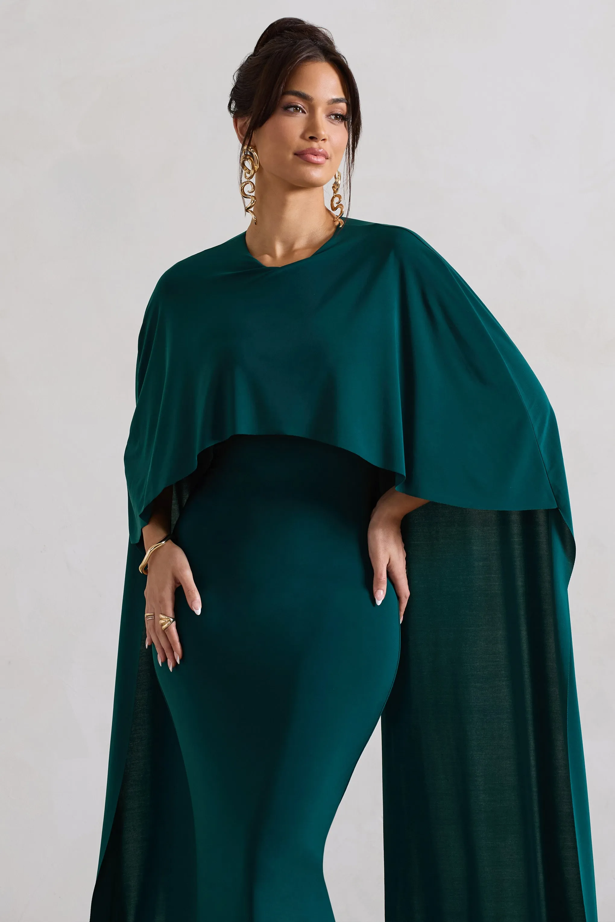 Padma | Bottle Green Draped Maxi Dress With Cape Sleeves Club L London