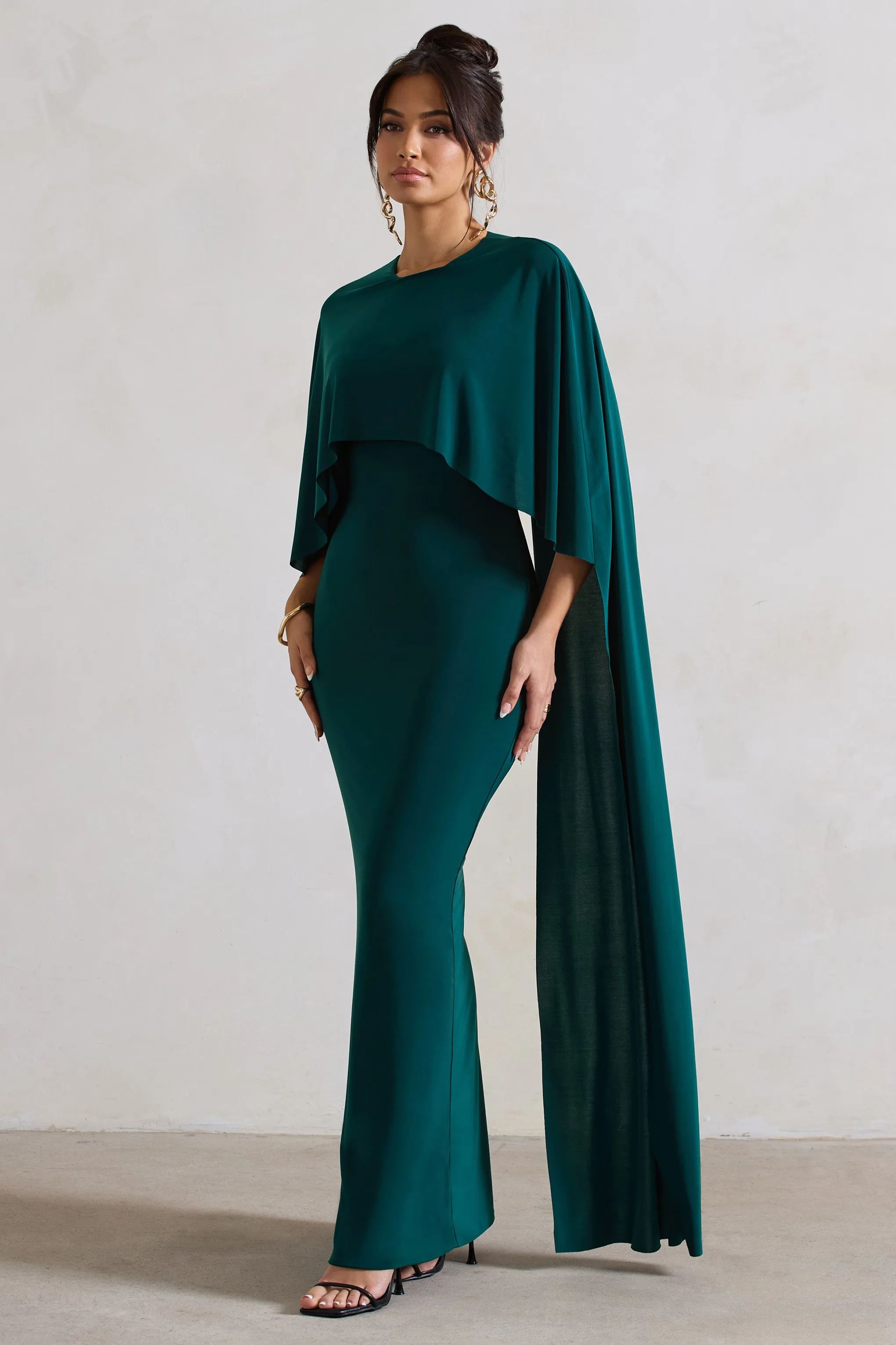 Padma | Bottle Green Draped Maxi Dress With Cape Sleeves Club L London