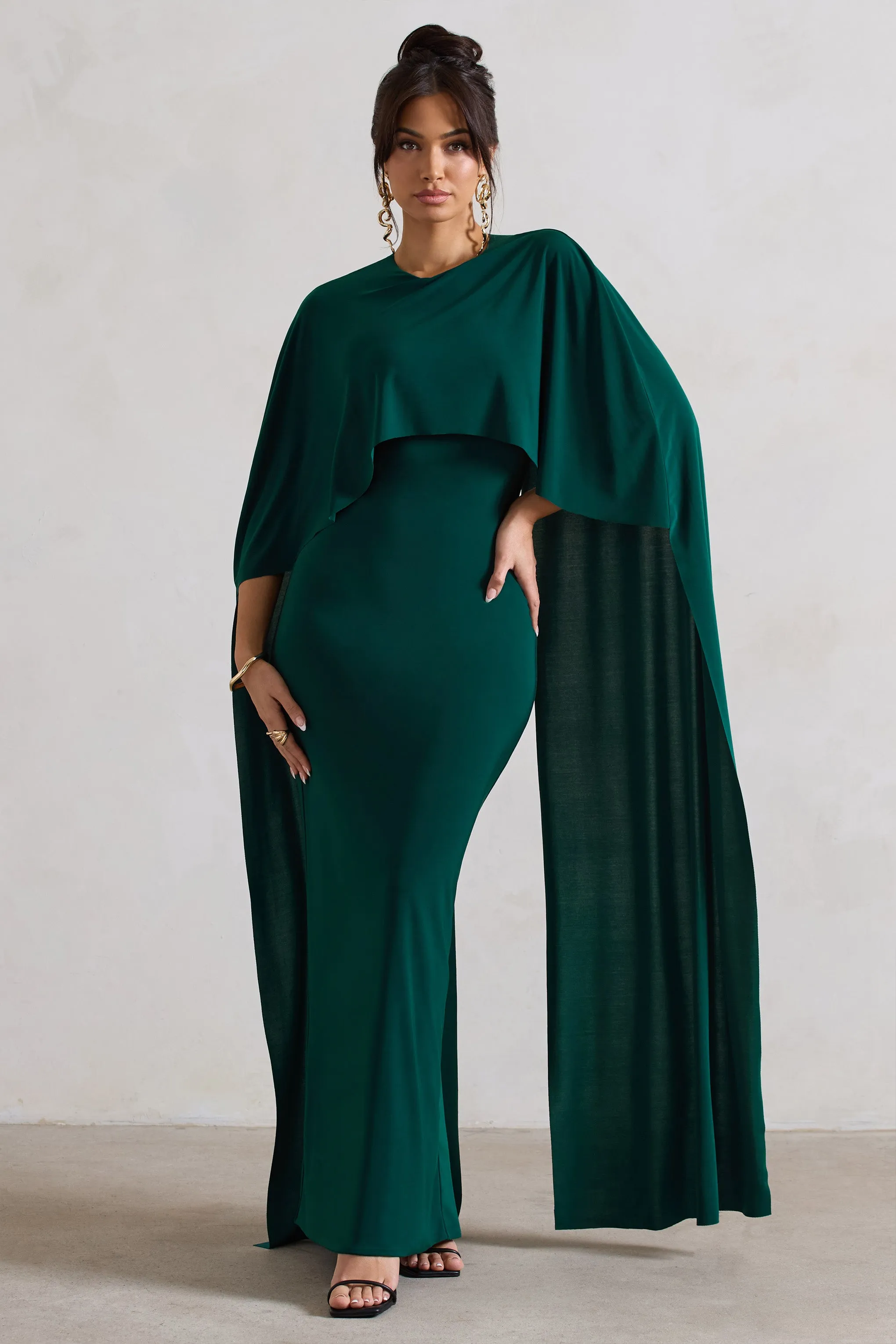 Padma | Bottle Green Draped Maxi Dress With Cape Sleeves Club L London