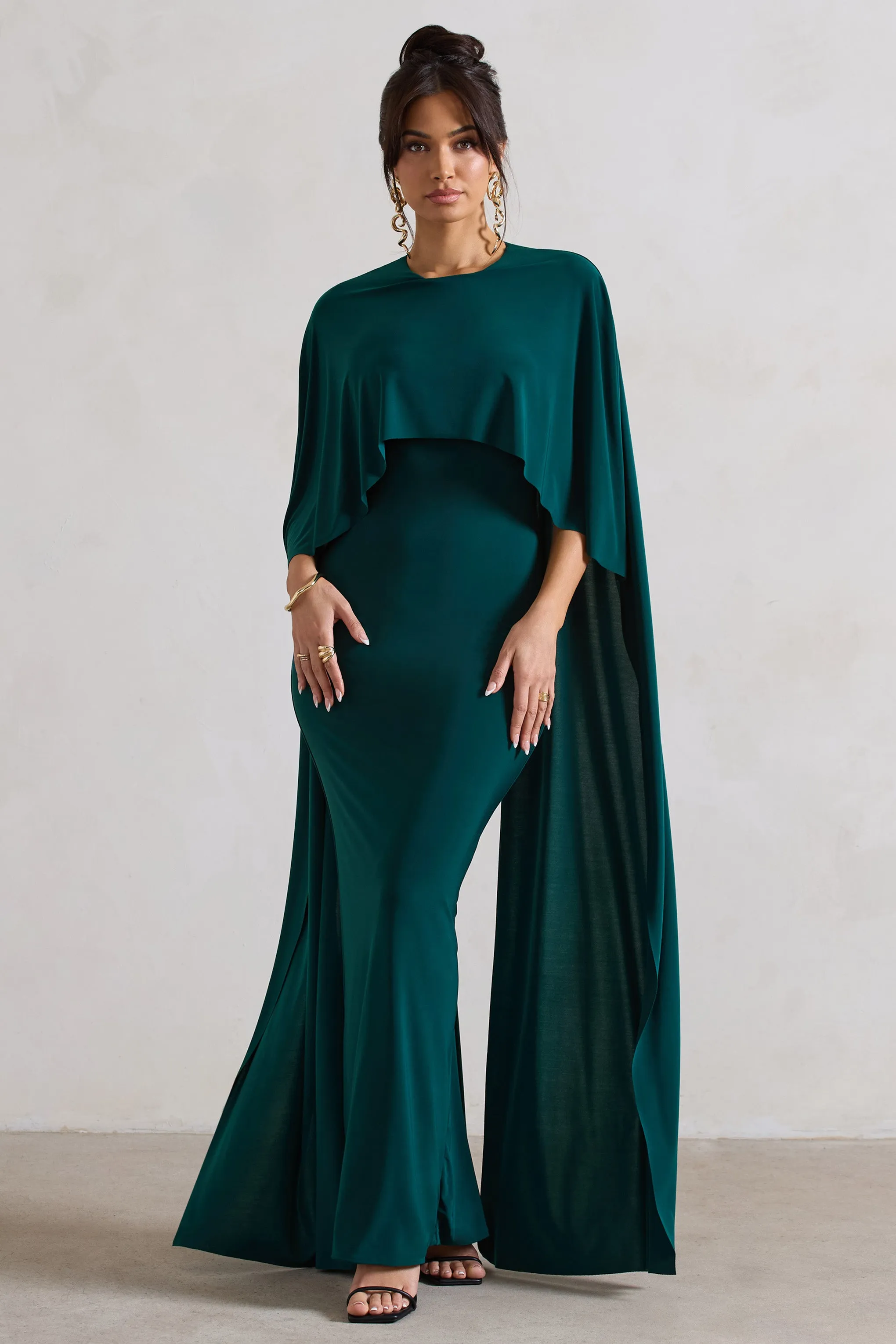 Padma | Bottle Green Draped Maxi Dress With Cape Sleeves Club L London