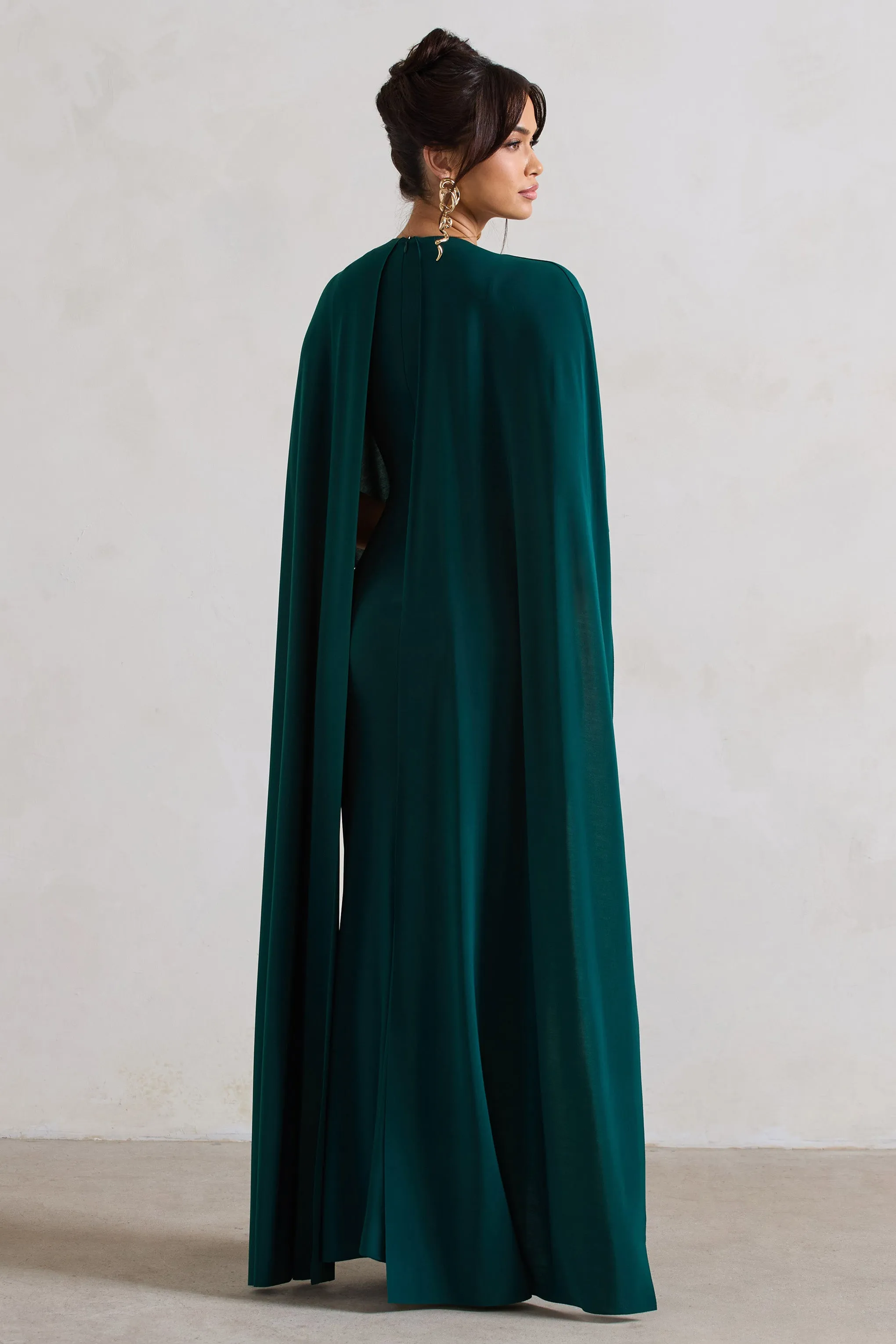 Padma | Bottle Green Draped Maxi Dress With Cape Sleeves Club L London