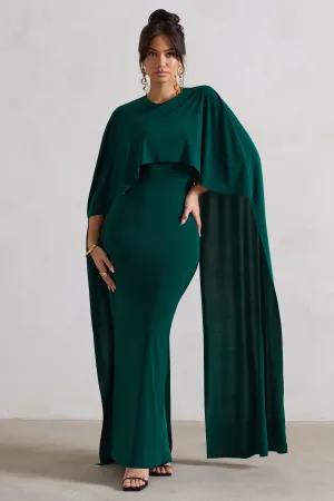 Padma | Bottle Green Draped Maxi Dress With Cape Sleeves Club L London