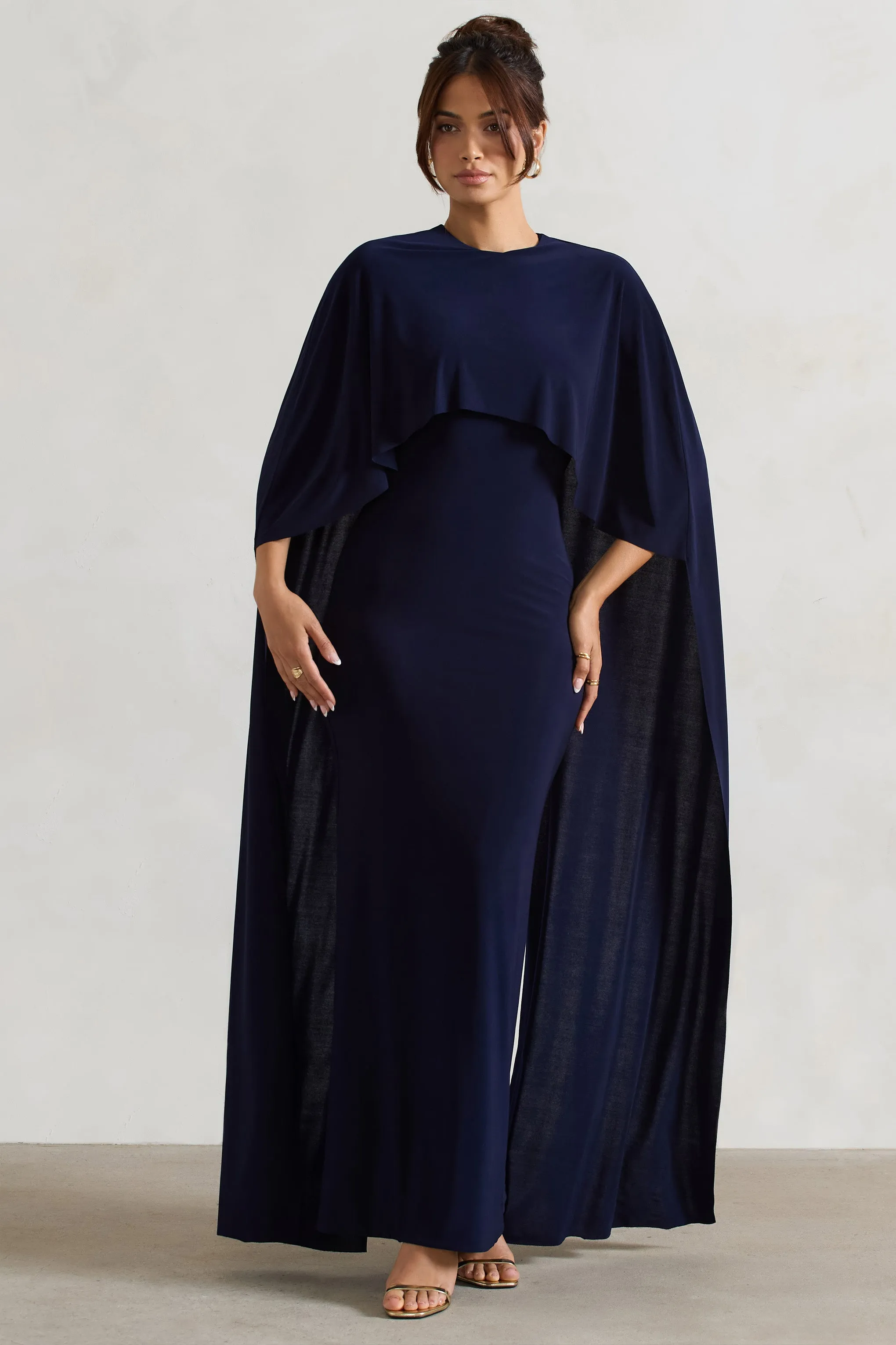 Padma | Navy Draped Maxi Dress With Cape Sleeves Club L London