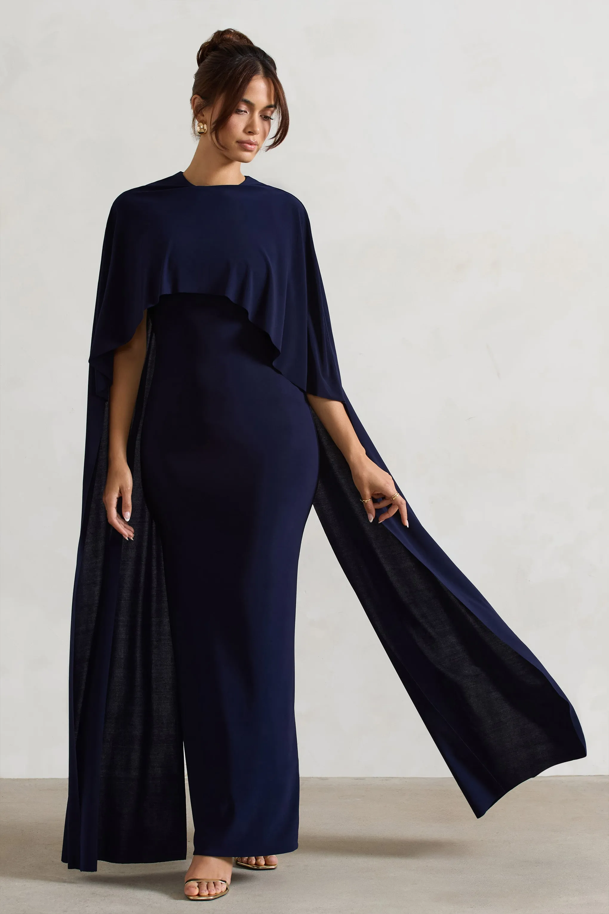 Padma | Navy Draped Maxi Dress With Cape Sleeves Club L London