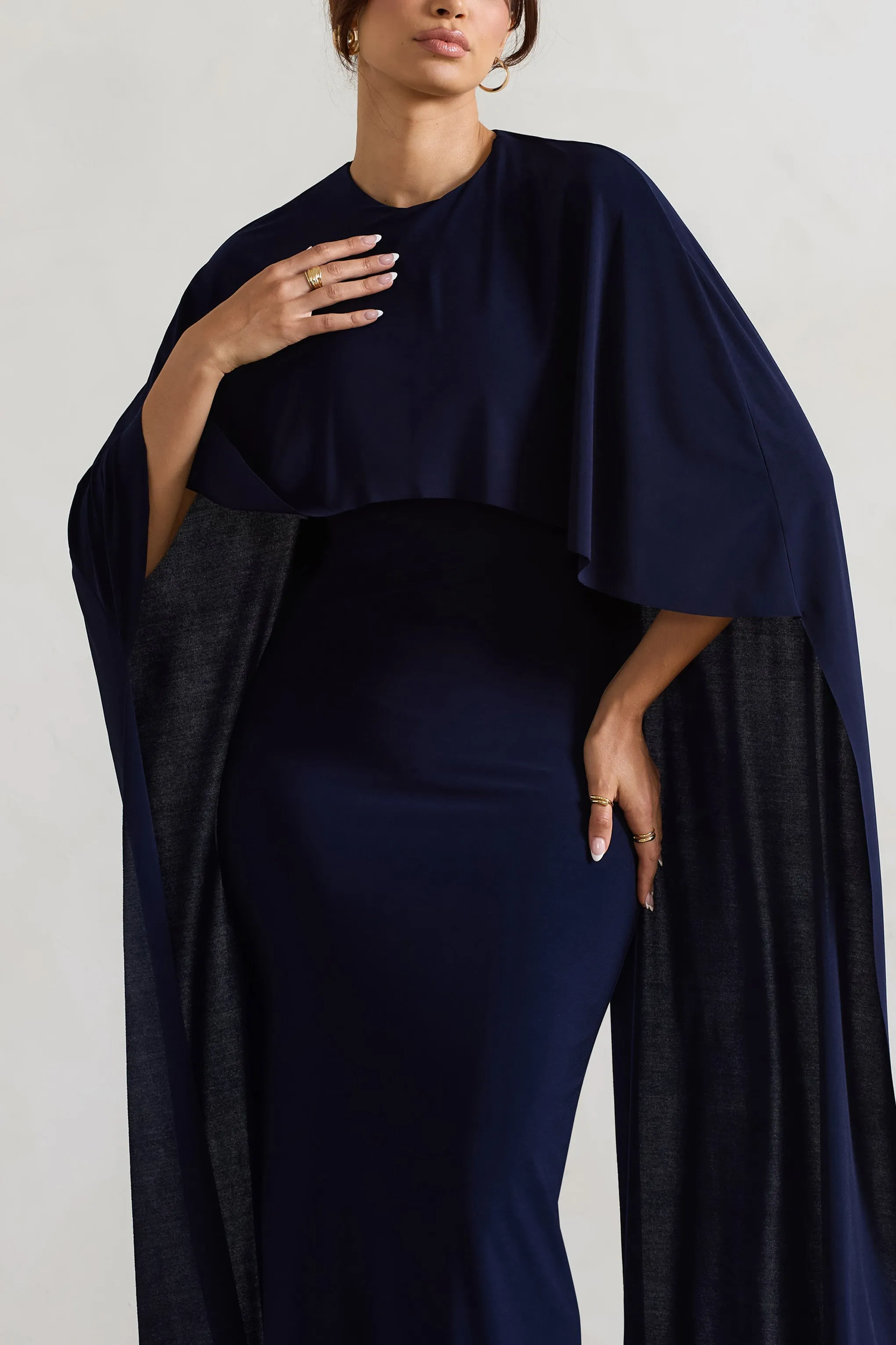 Padma | Navy Draped Maxi Dress With Cape Sleeves Club L London