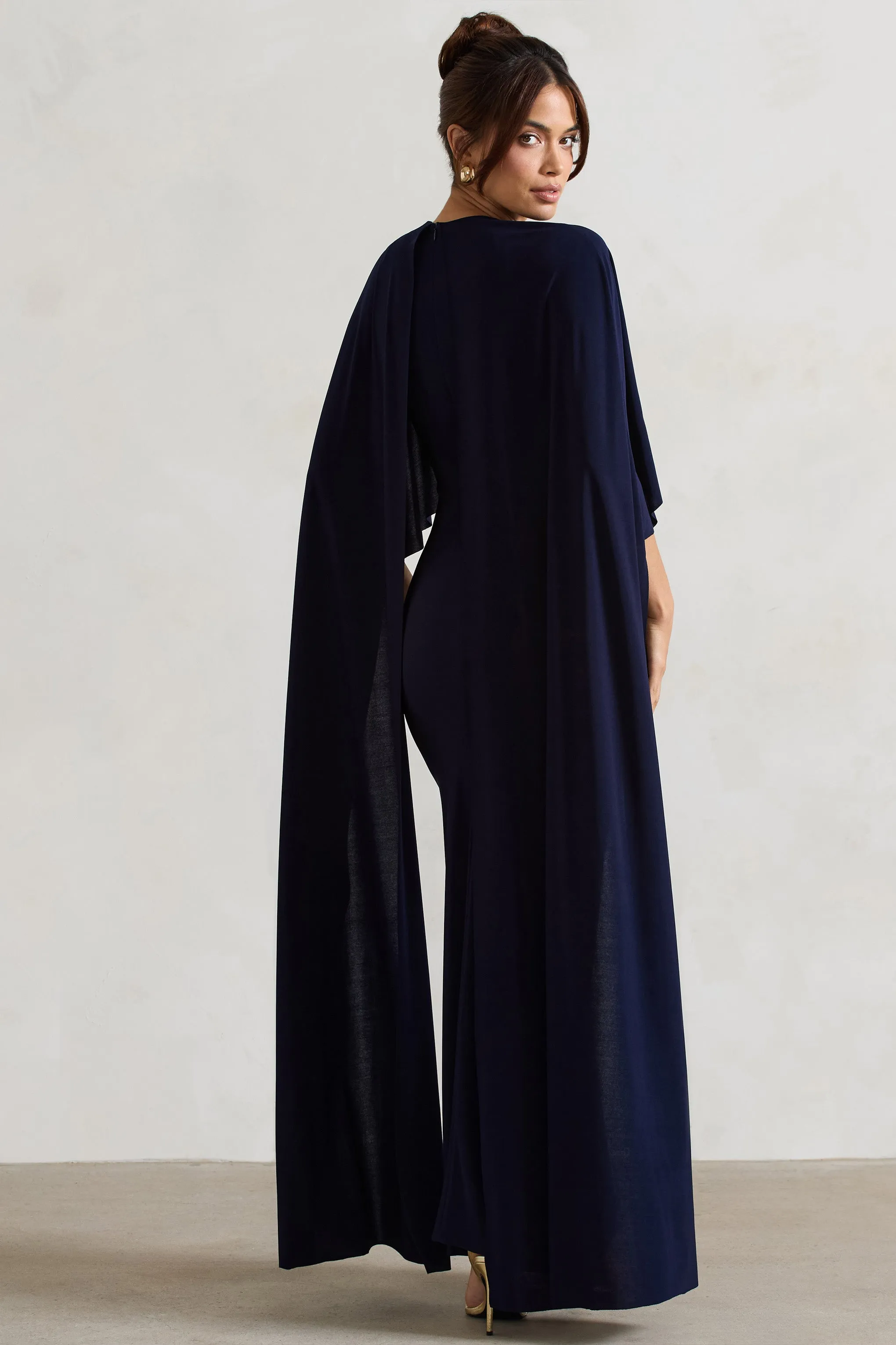 Padma | Navy Draped Maxi Dress With Cape Sleeves Club L London
