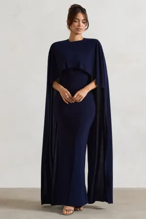 Padma | Navy Draped Maxi Dress With Cape Sleeves Club L London