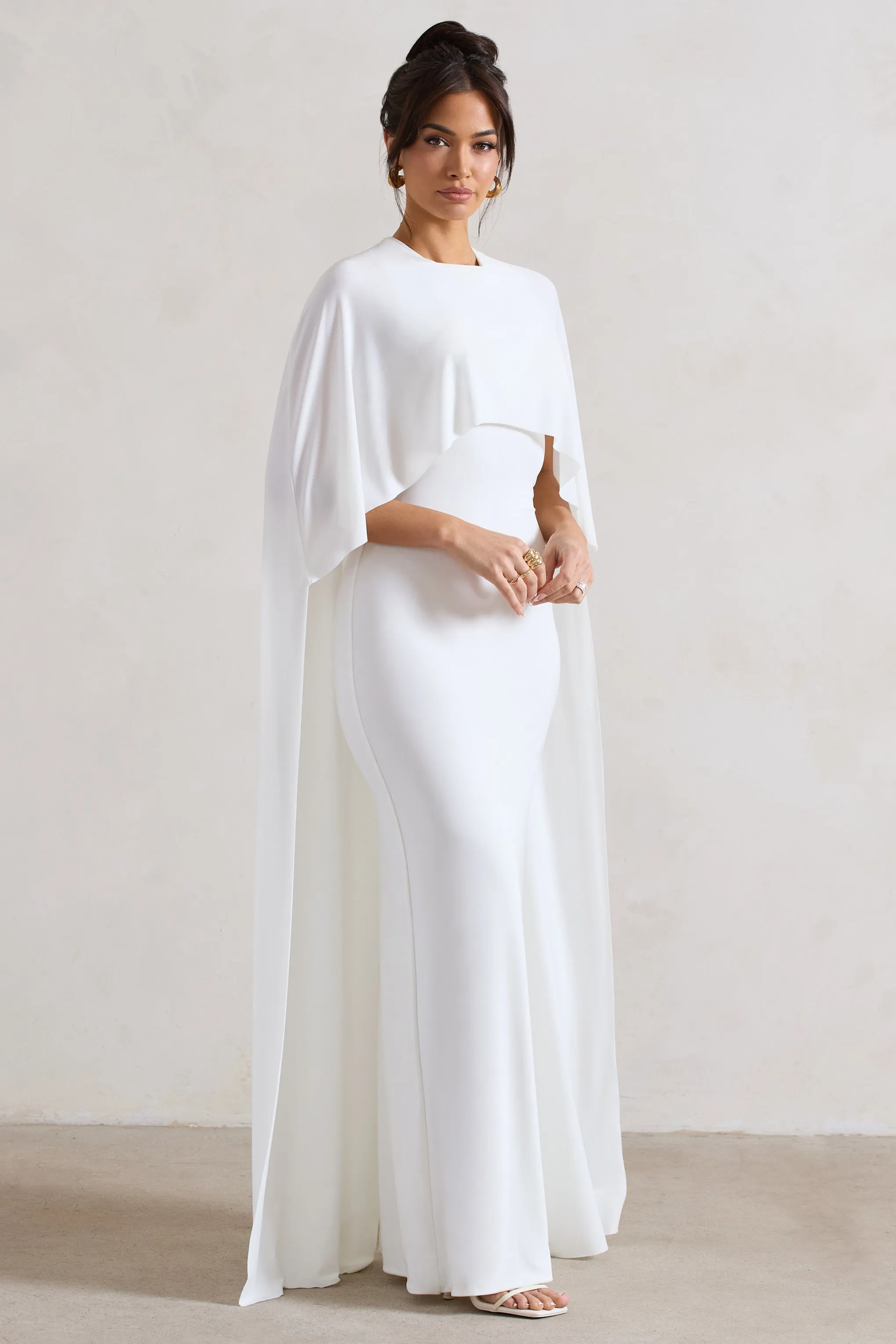 Padma | White Draped Maxi Dress With Cape Sleeves Club L London