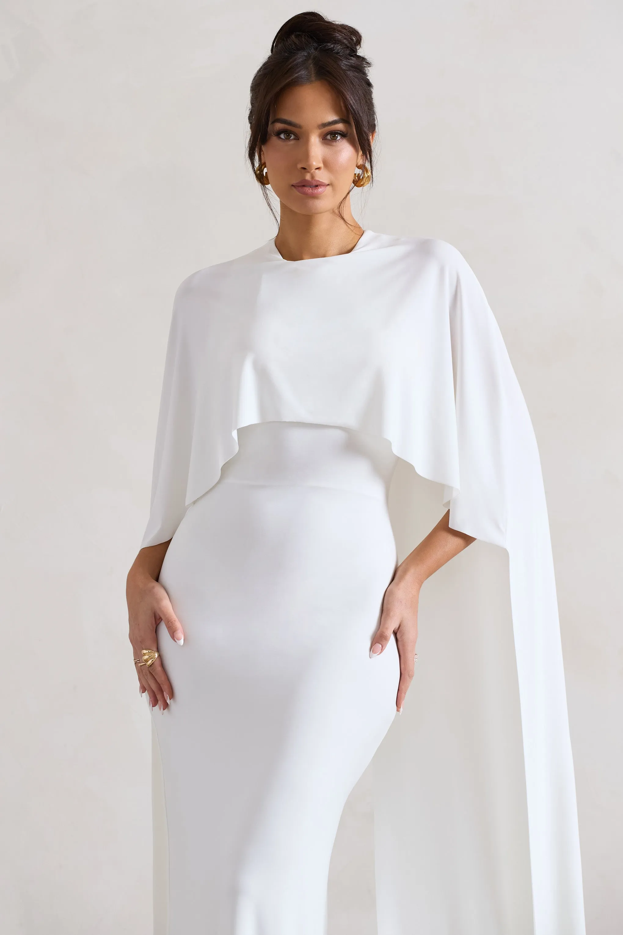 Padma | White Draped Maxi Dress With Cape Sleeves Club L London