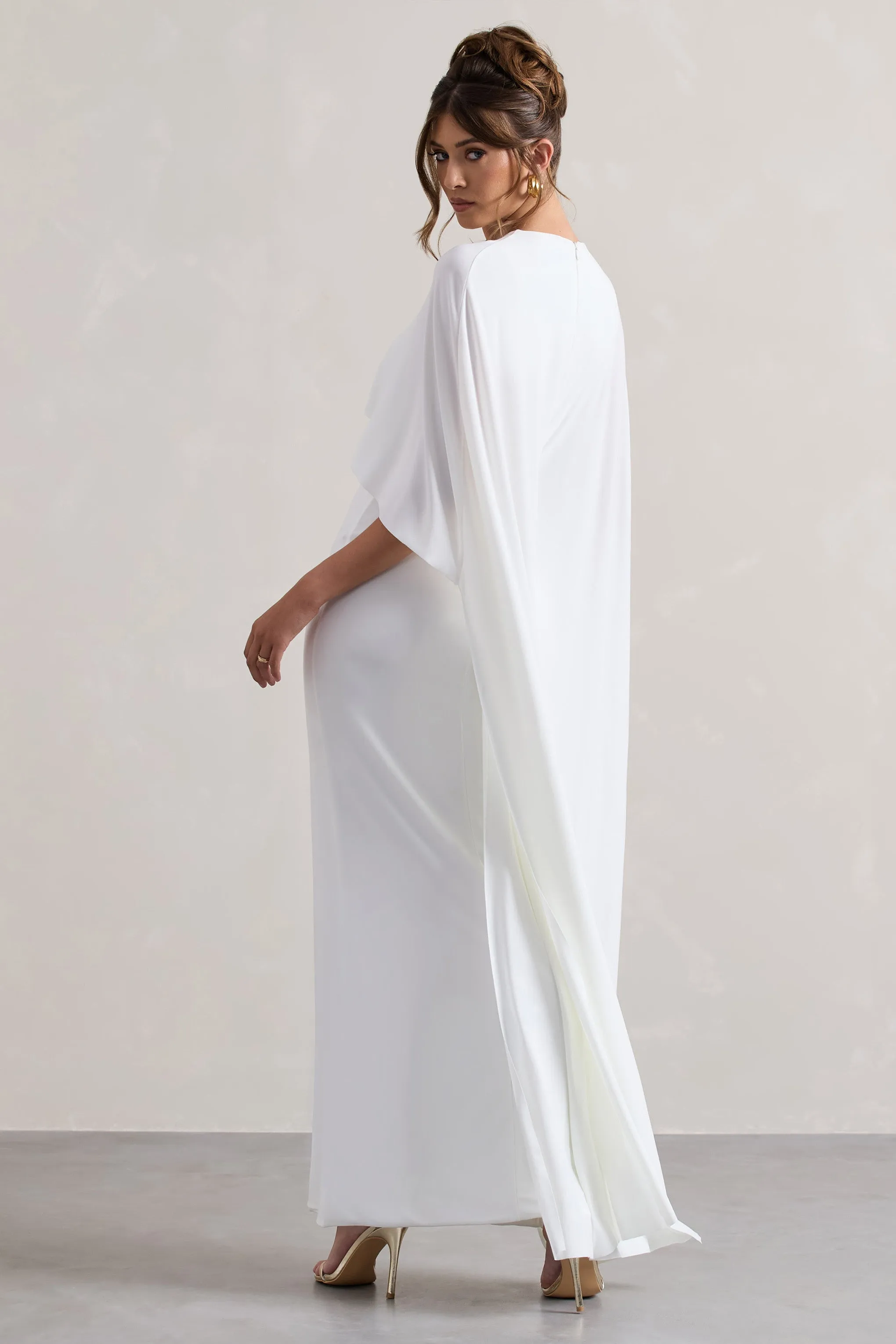 Palena | White Draped Maxi Dress With Cape Sleeves Club L London
