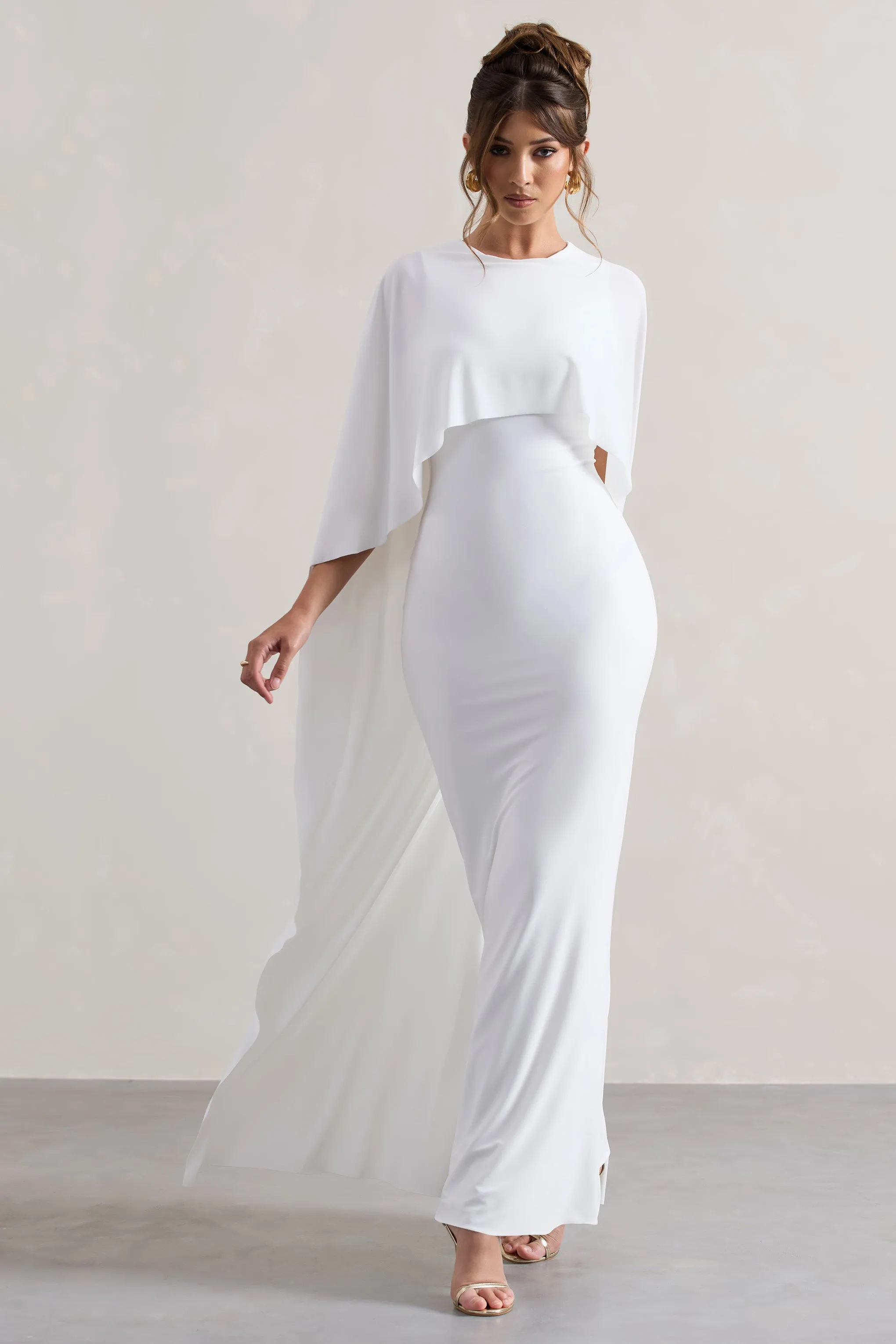Palena | White Draped Maxi Dress With Cape Sleeves Club L London