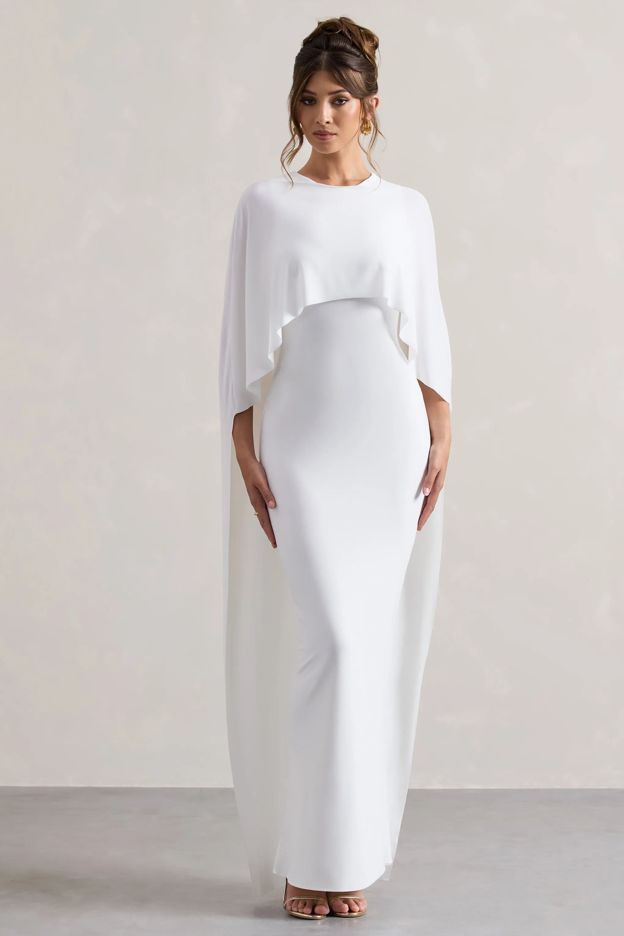 Palena | White Draped Maxi Dress With Cape Sleeves Club L London