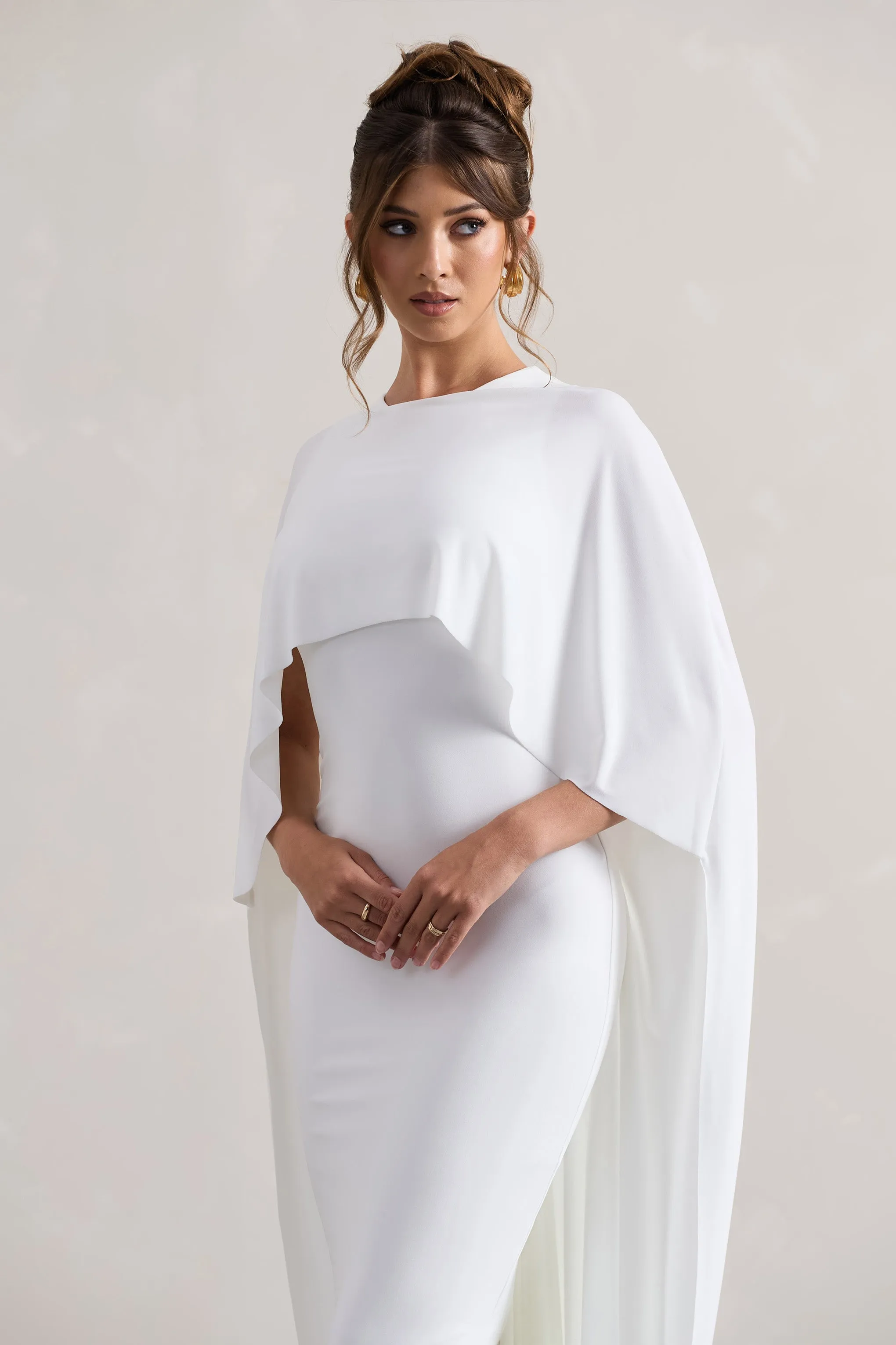 Palena | White Draped Maxi Dress With Cape Sleeves Club L London