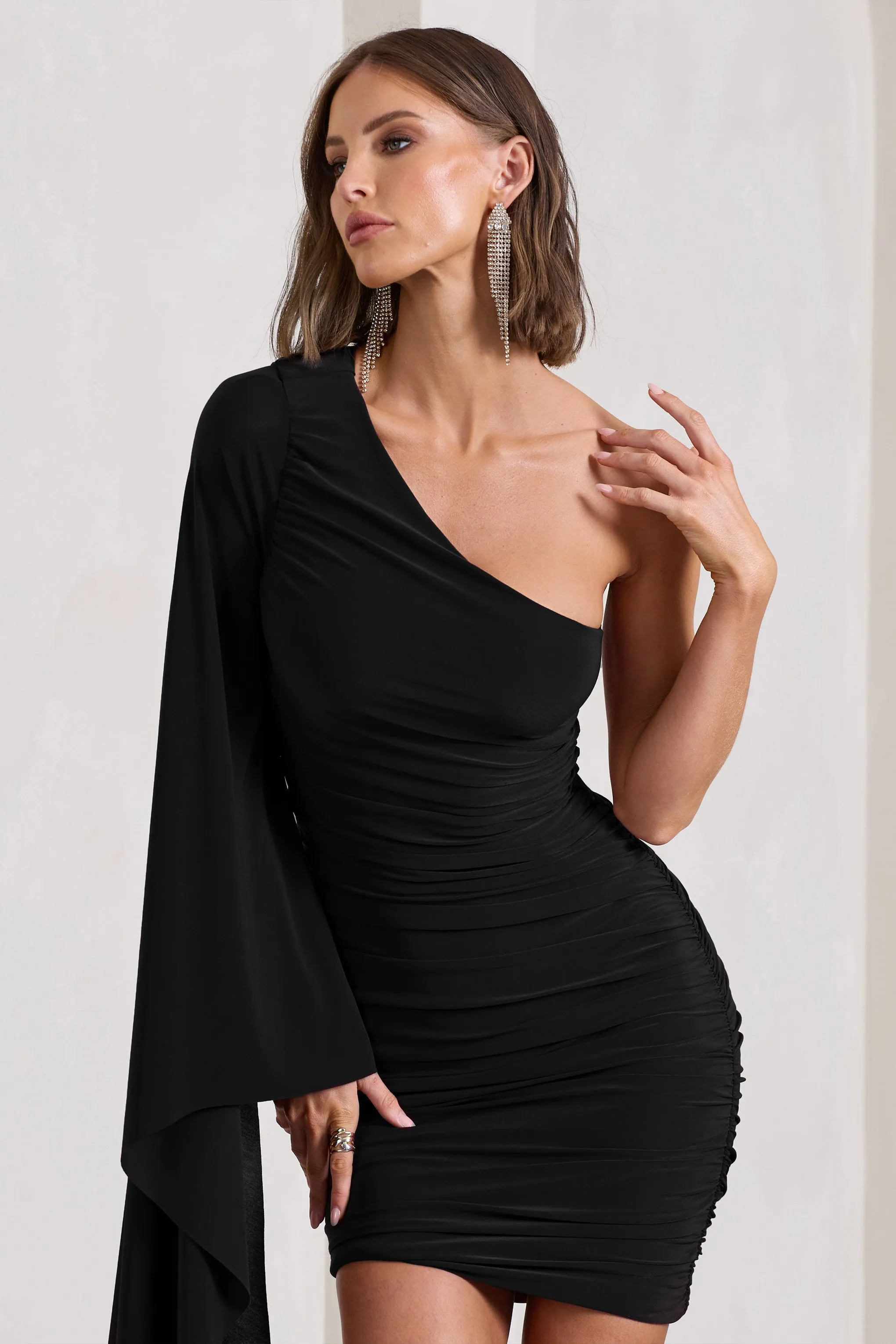Palmer | Black Ruched One-Shoulder Asymmetric Mini Dress With Cape Sleeve Club L London