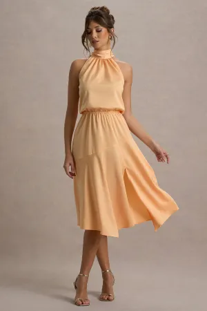 Palonia | Peach Satin High-Neck Split Midi Dress Club L London