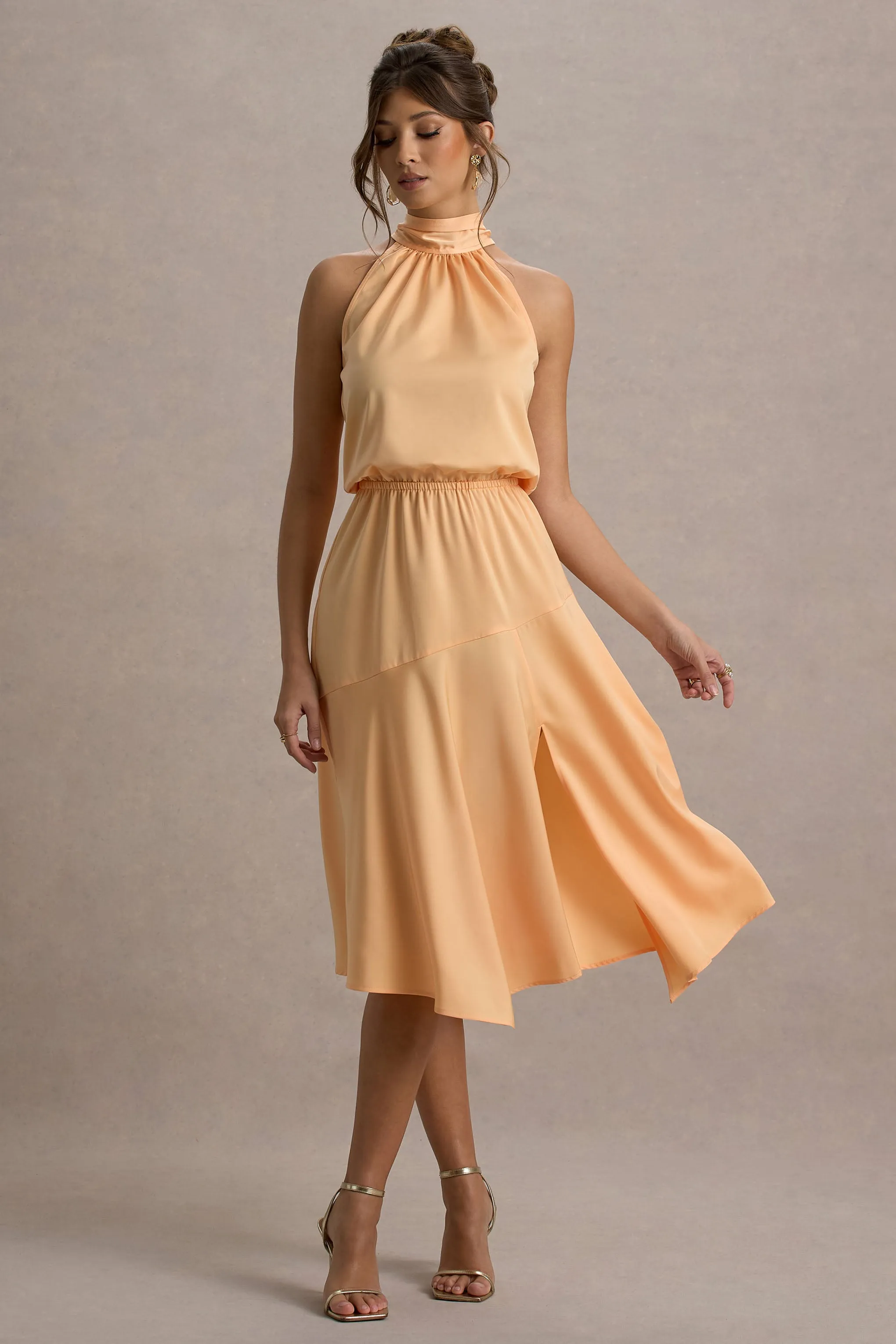 Palonia | Peach Satin High-Neck Split Midi Dress Club L London