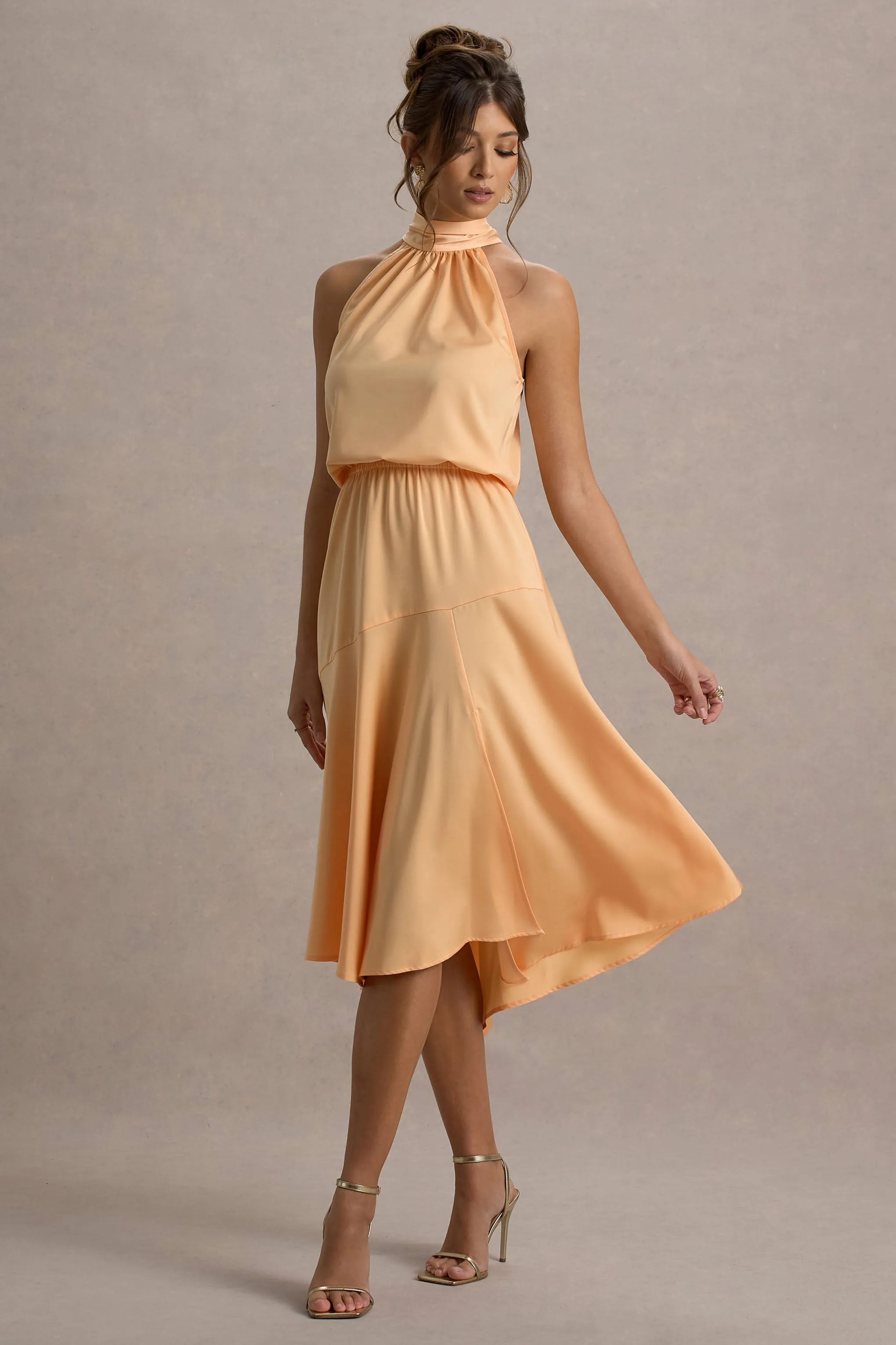 Palonia | Peach Satin High-Neck Split Midi Dress Club L London
