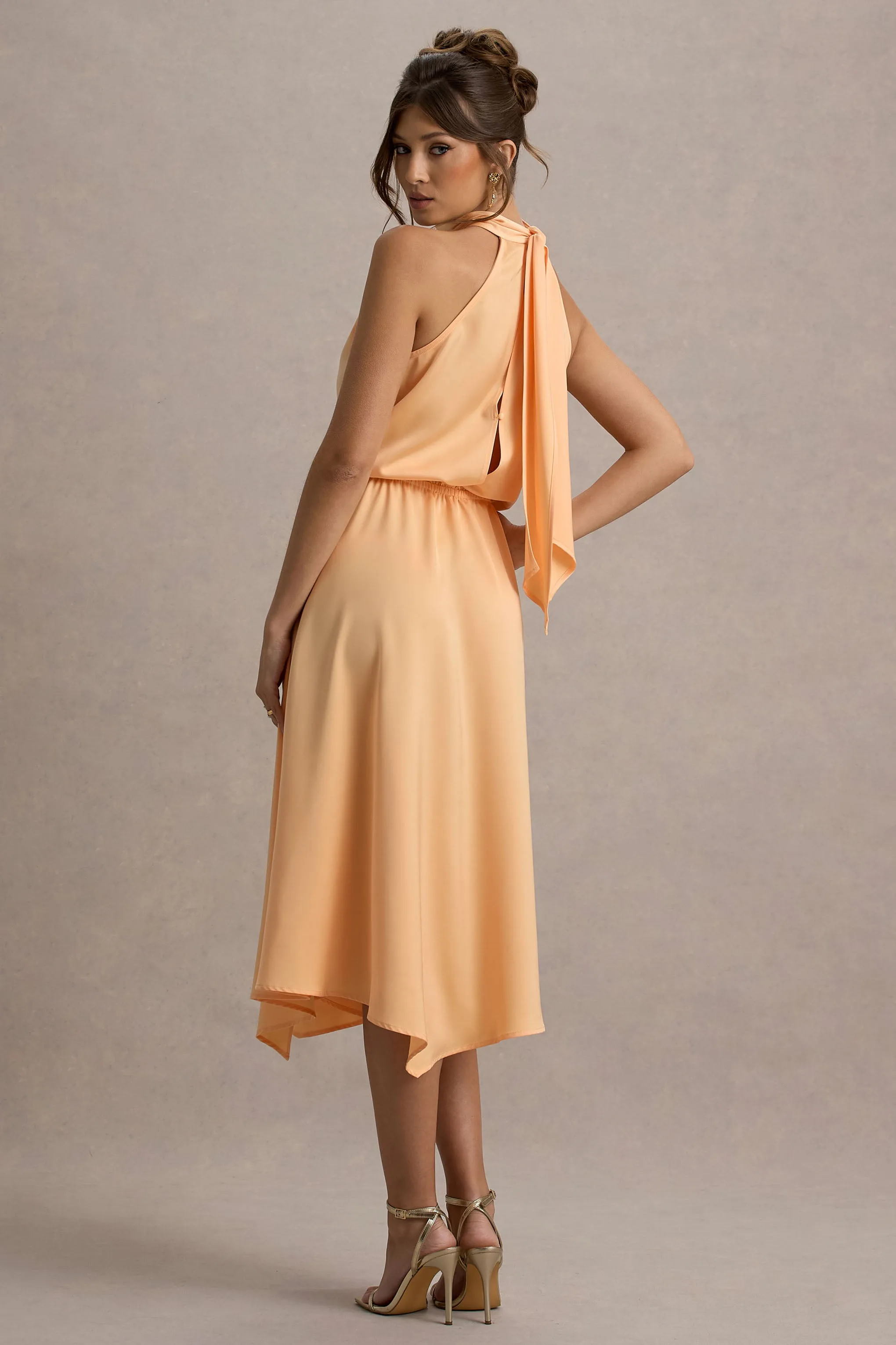 Palonia | Peach Satin High-Neck Split Midi Dress Club L London