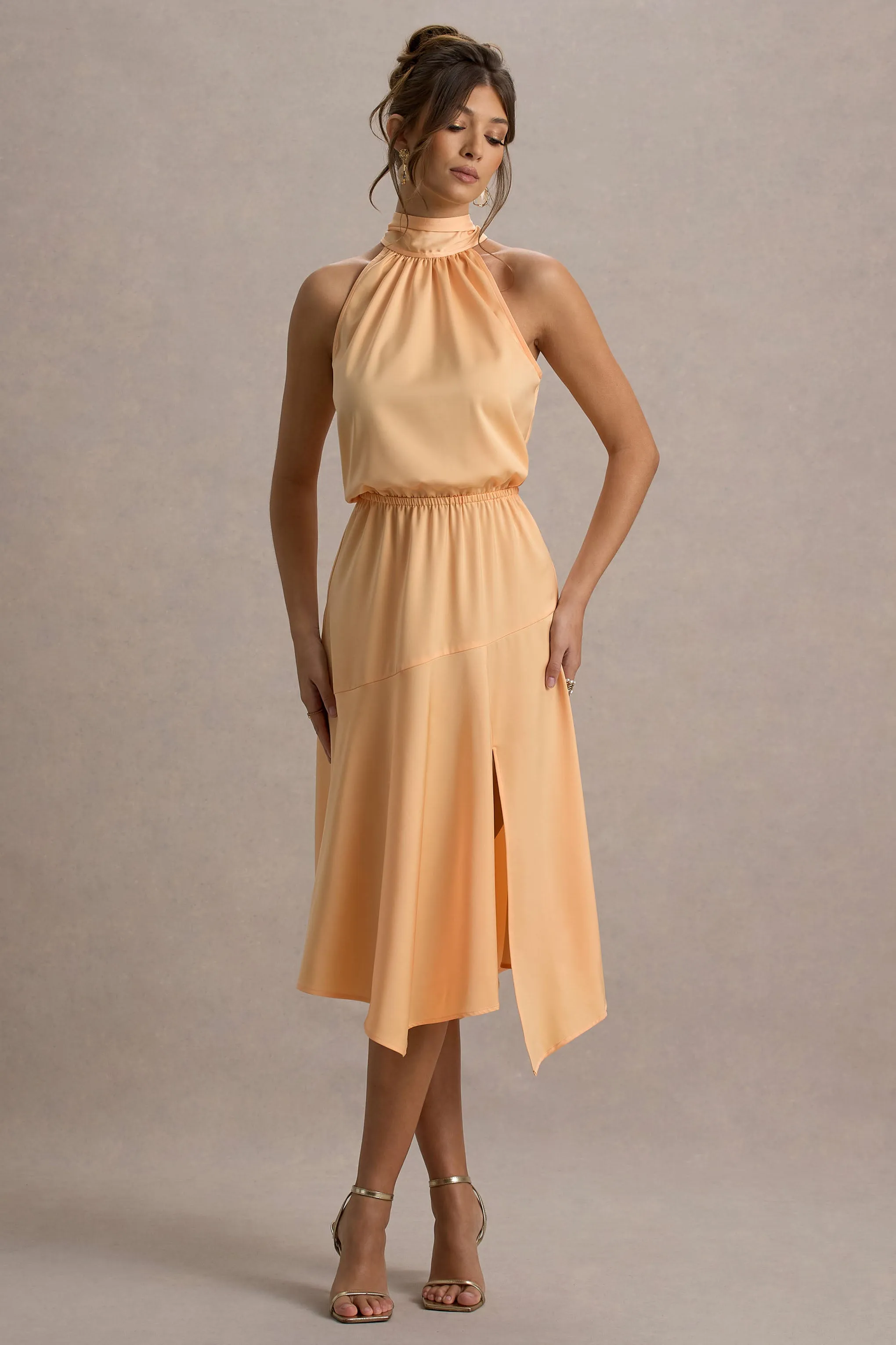 Palonia | Peach Satin High-Neck Split Midi Dress Club L London