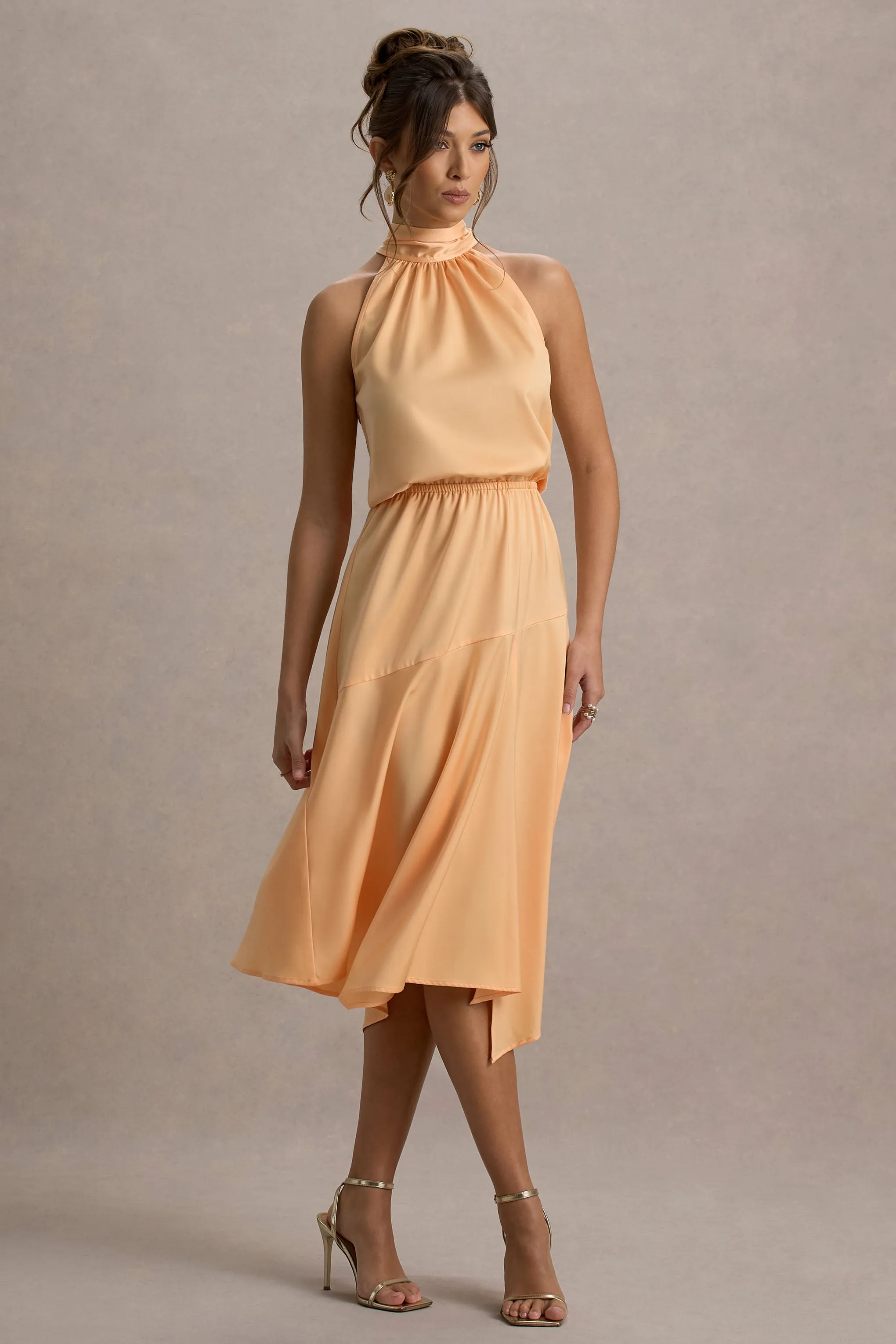 Palonia | Peach Satin High-Neck Split Midi Dress Club L London