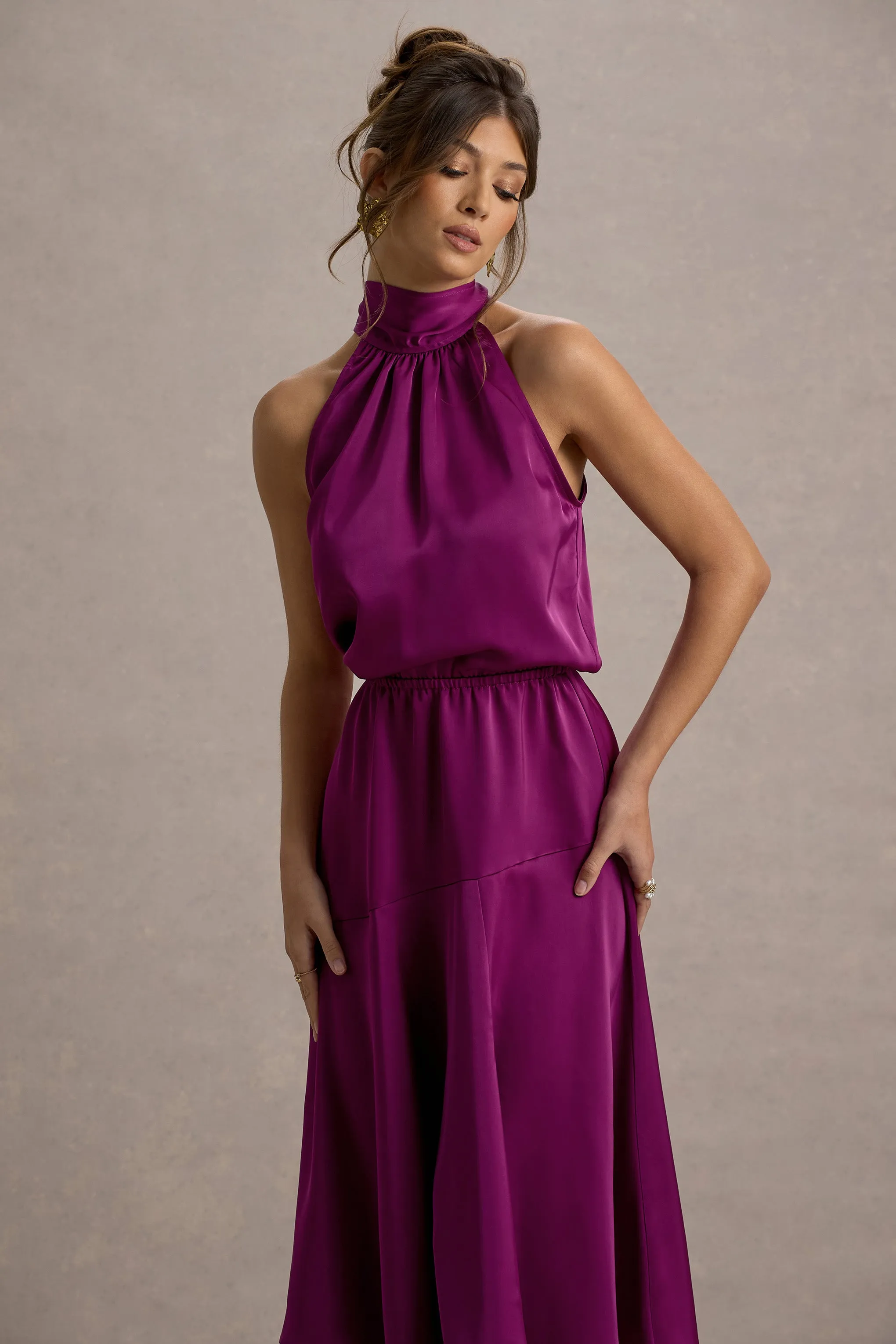 Palonia | Pink Satin High-Neck Split Midi Dress Club L London