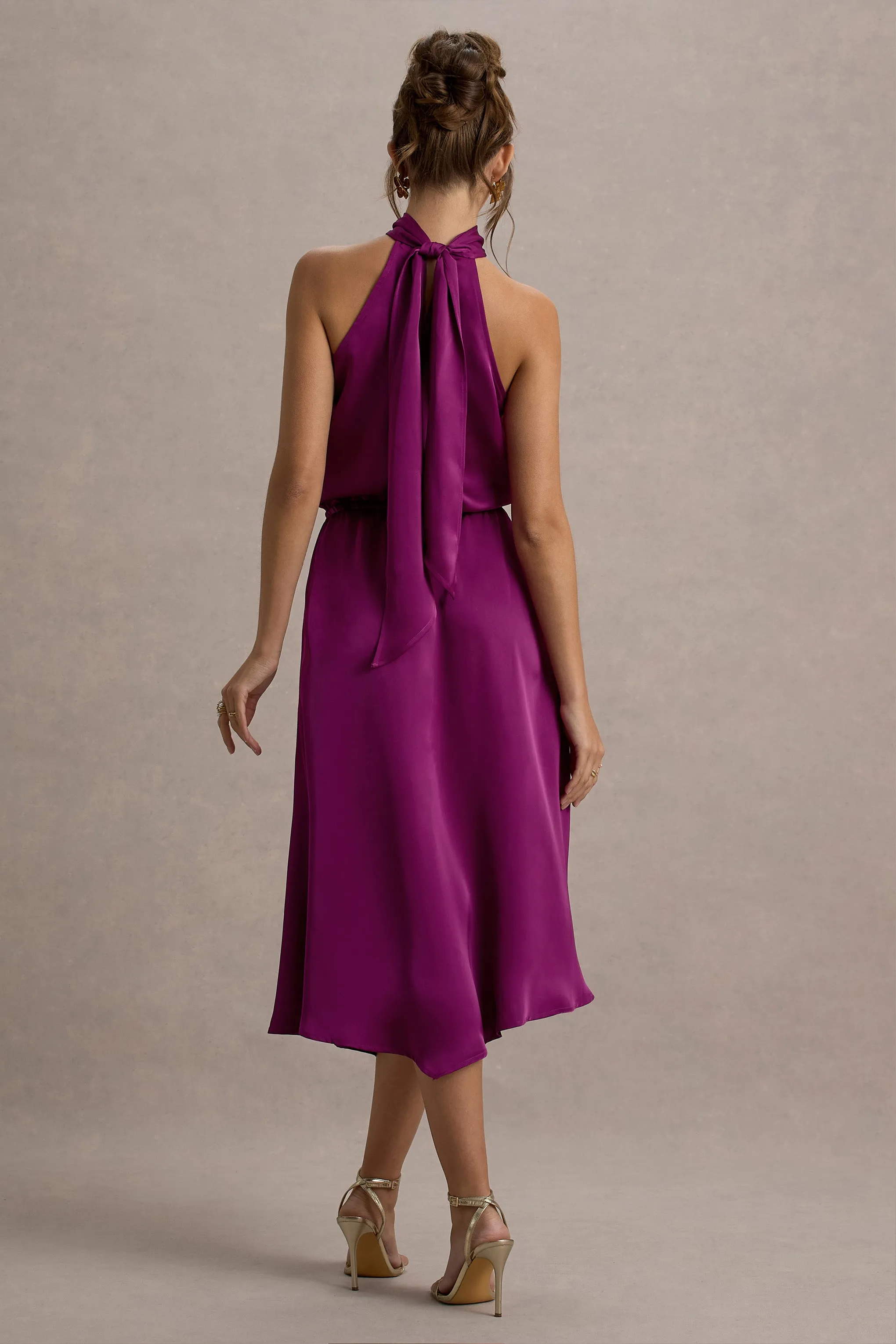 Palonia | Pink Satin High-Neck Split Midi Dress Club L London