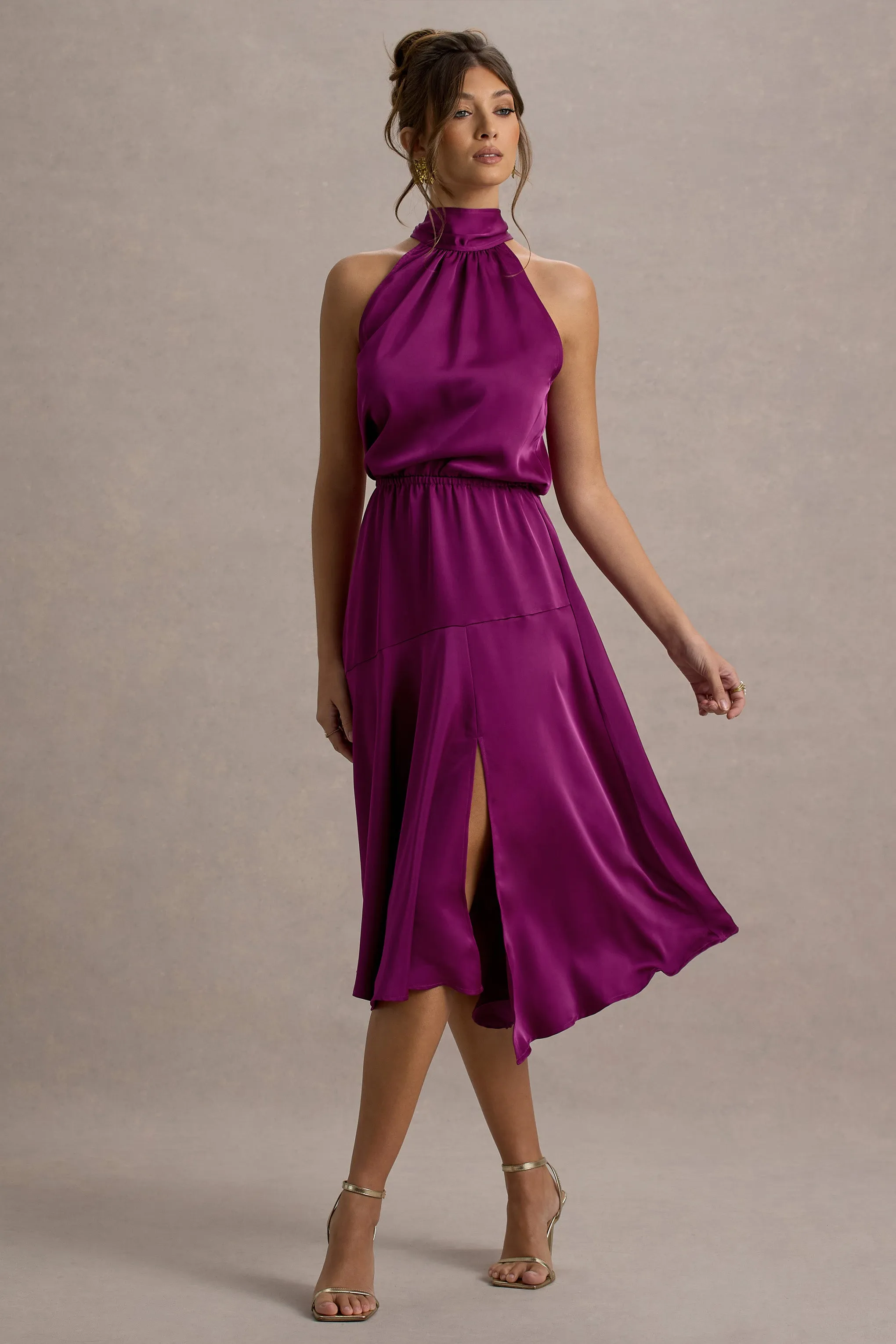 Palonia | Pink Satin High-Neck Split Midi Dress Club L London