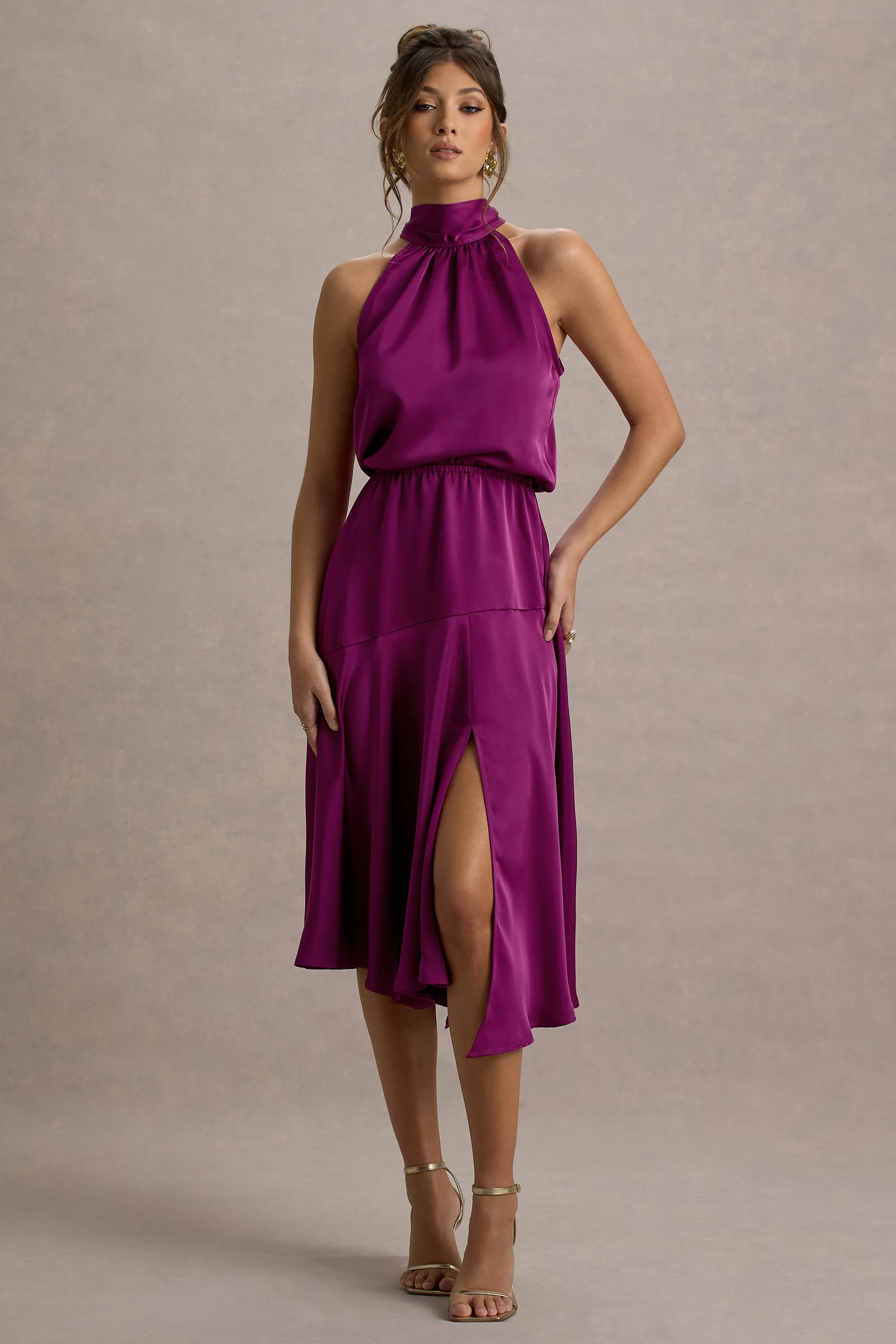 Palonia | Pink Satin High-Neck Split Midi Dress Club L London