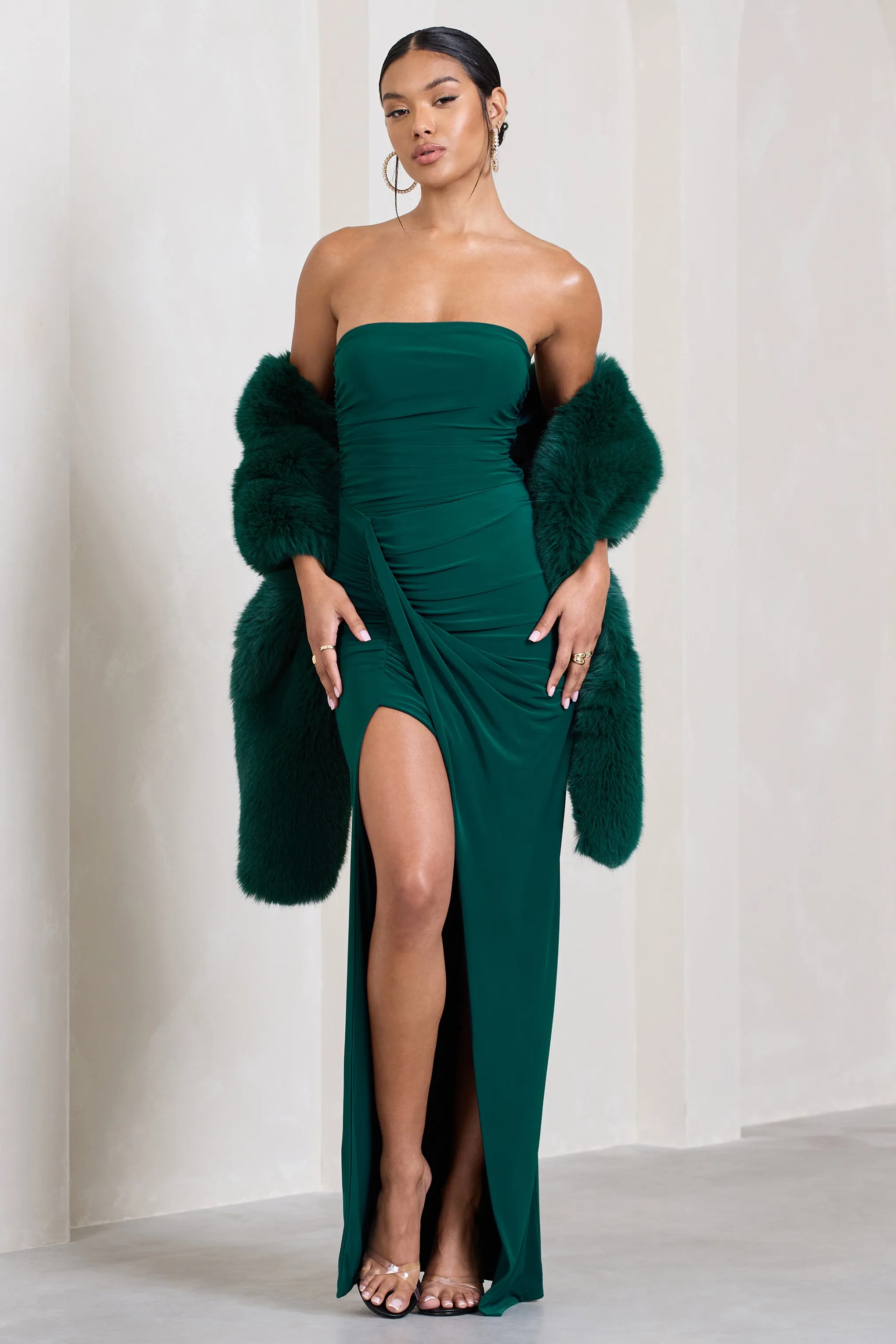 Paprika | Bottle Green Ruched Halter-Neck Bandeau Maxi Dress Club L London