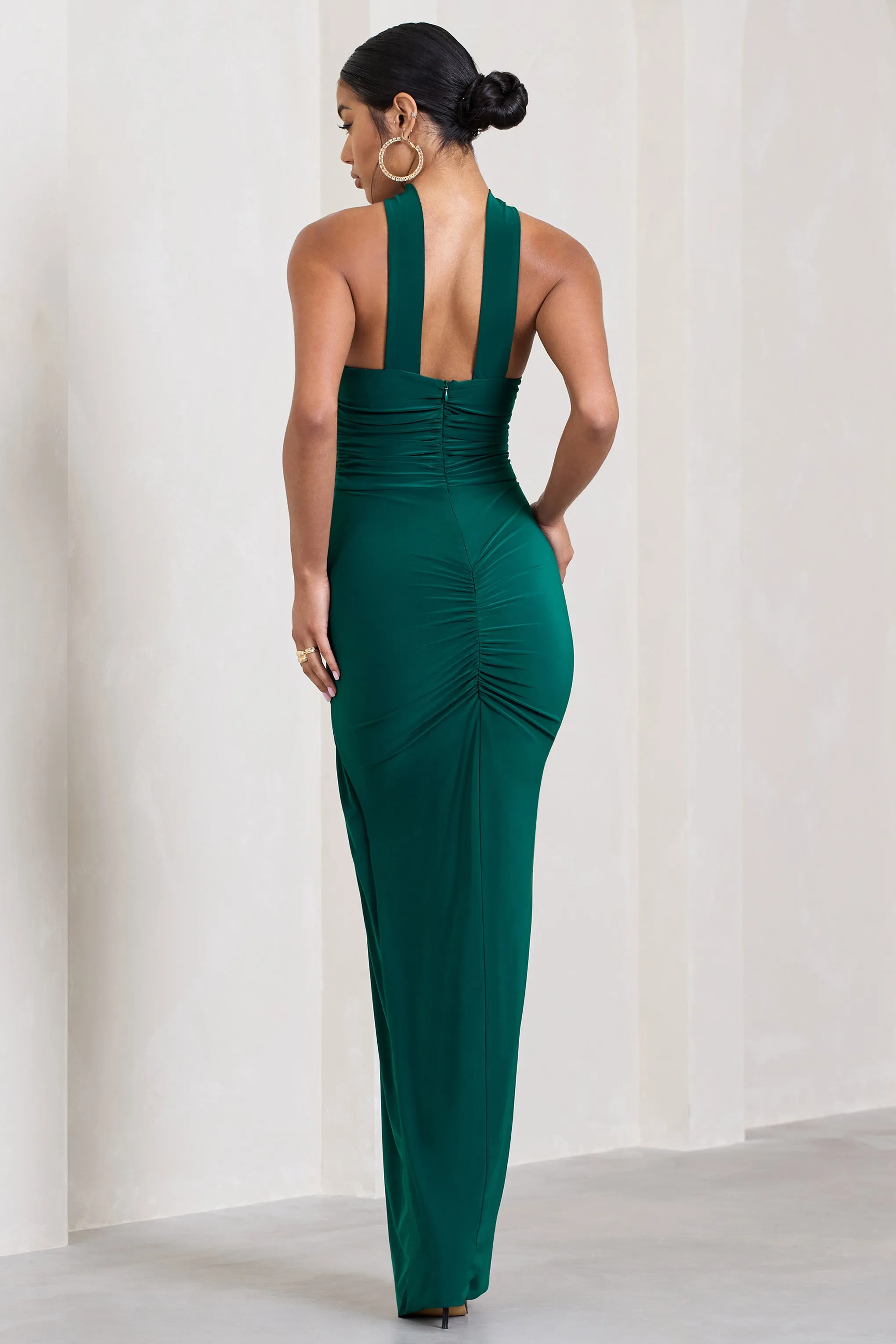 Paprika | Bottle Green Ruched Halter-Neck Bandeau Maxi Dress Club L London